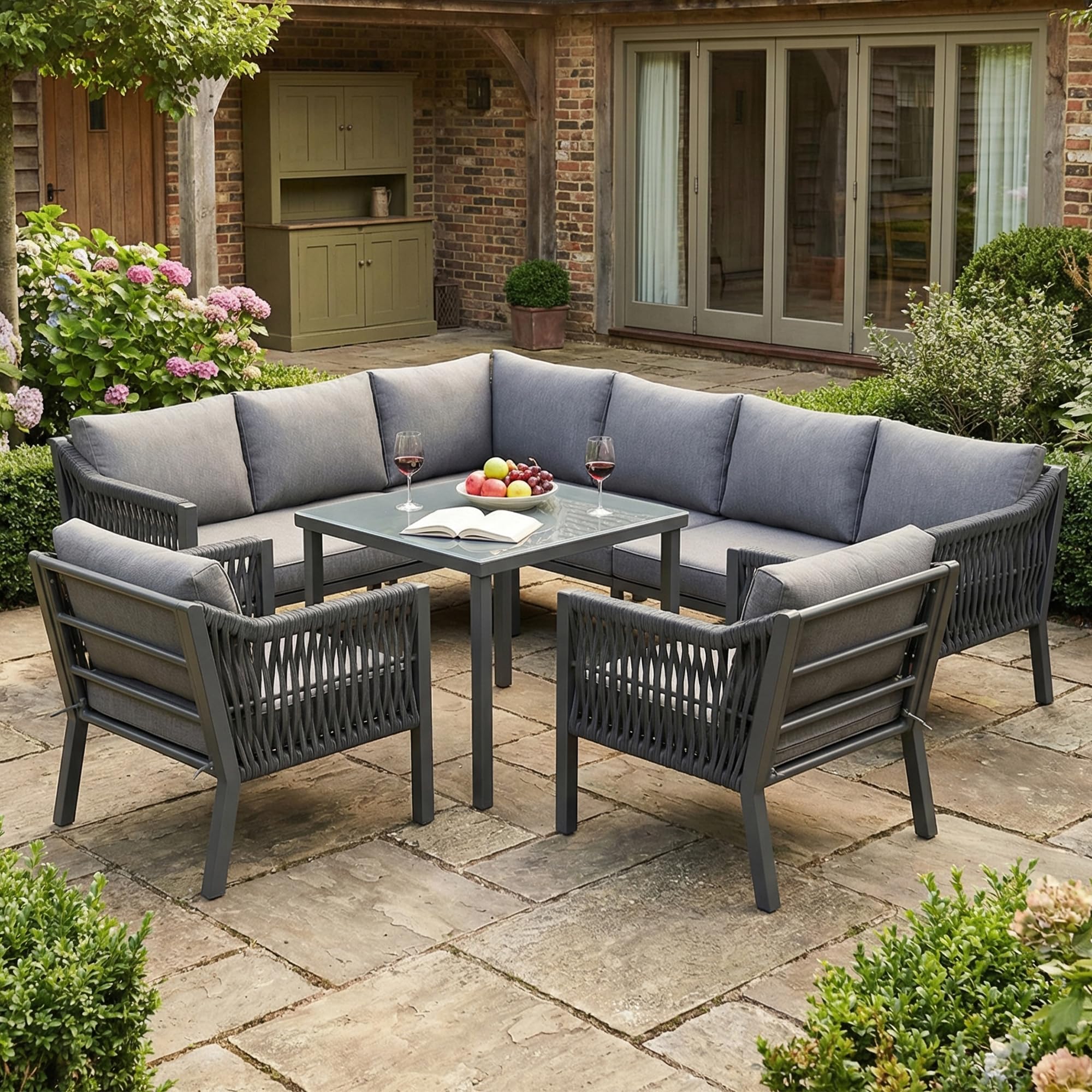 Muebles Jardin Exterior de 7-8 Plazas con 2 Sillones y Mesa, Sofa Terraza Exterior con Cojín Suave, Muebles Terraza Exterior con Reposabrazos Trenzado y Estructura Metálica, Gris