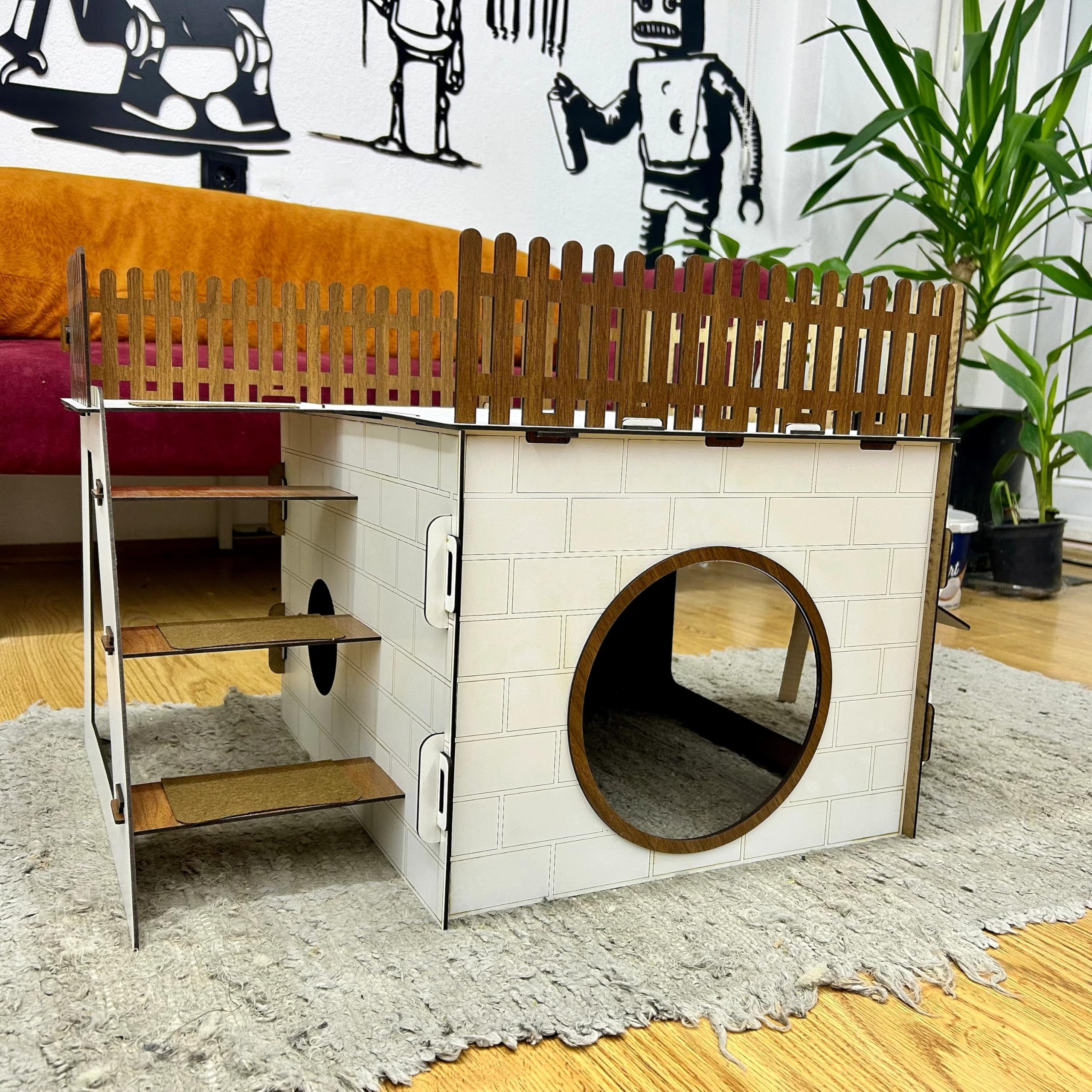TERAS Kaninchenhaus aus Holz – Hasenhaus mit großer Terrasse & schwingender Tür – Kaninchenmöbel für 1–2 Kaninchen oder Chinchillas – Natürliches & sicheres Design (Eiche-Schwarz, N)