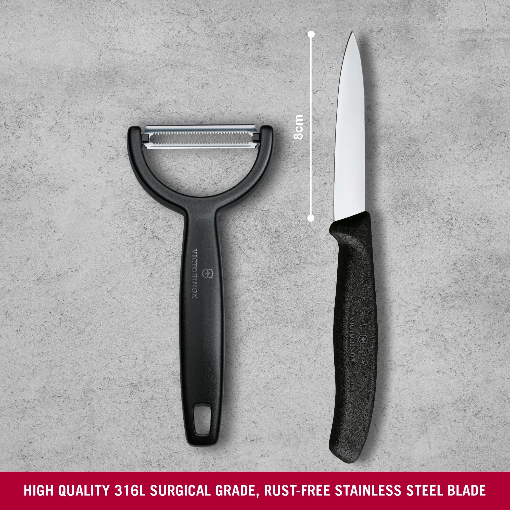 Victorinox Swiss Classic Coltello e pelaverdure, 2 pezzi, Lama extra-affilata, per frutta e verdura, Acciaio inossidabile, Nero