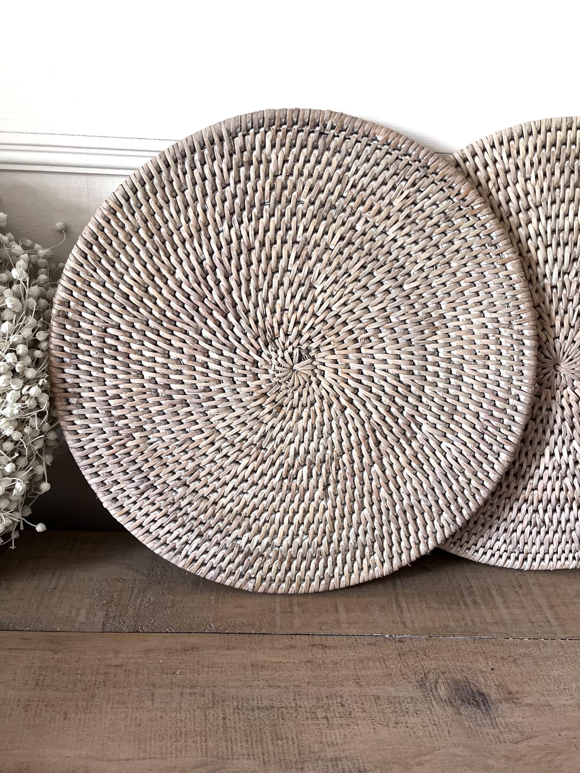 Wholesome Home White Wash Rattan Placemats Set Of 2 Set Of 6 Coasters Cutlery Utensil Cutlery And Condiment Caddy Holder Boho Farmhouse Style (Placemats Set Of 2 (29Cm))