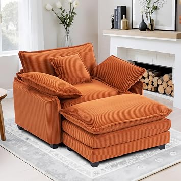Modern Oversized Chair with Ottoman - 41" W Comfy Corduroy Accent Chair, Single Sofa Armchair, Large Upholstered with Extra Thick and Deep Seat for Living Room,Bedroom Orange Red