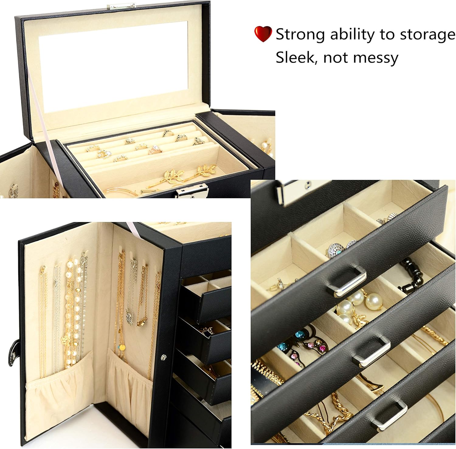 AKOZLIN 5 Layer Jewelry Box Organizer Functional Huge Lockable, Leather Jewelry Storage Case for Women Girls Ring Necklace Earring Bracelet Holder Organizer : Clothing, Shoes & Jewelry