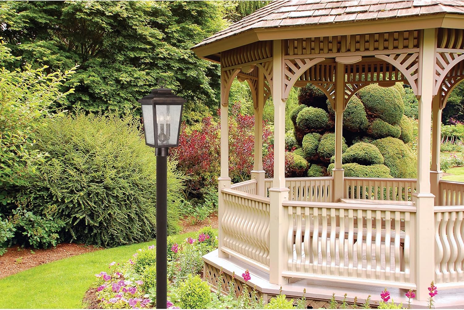 THE GREAT OUTDOORS Irvington Manor 3 Light Post Mount in Chelesa Bronze Finish with Clear Seeded Glass