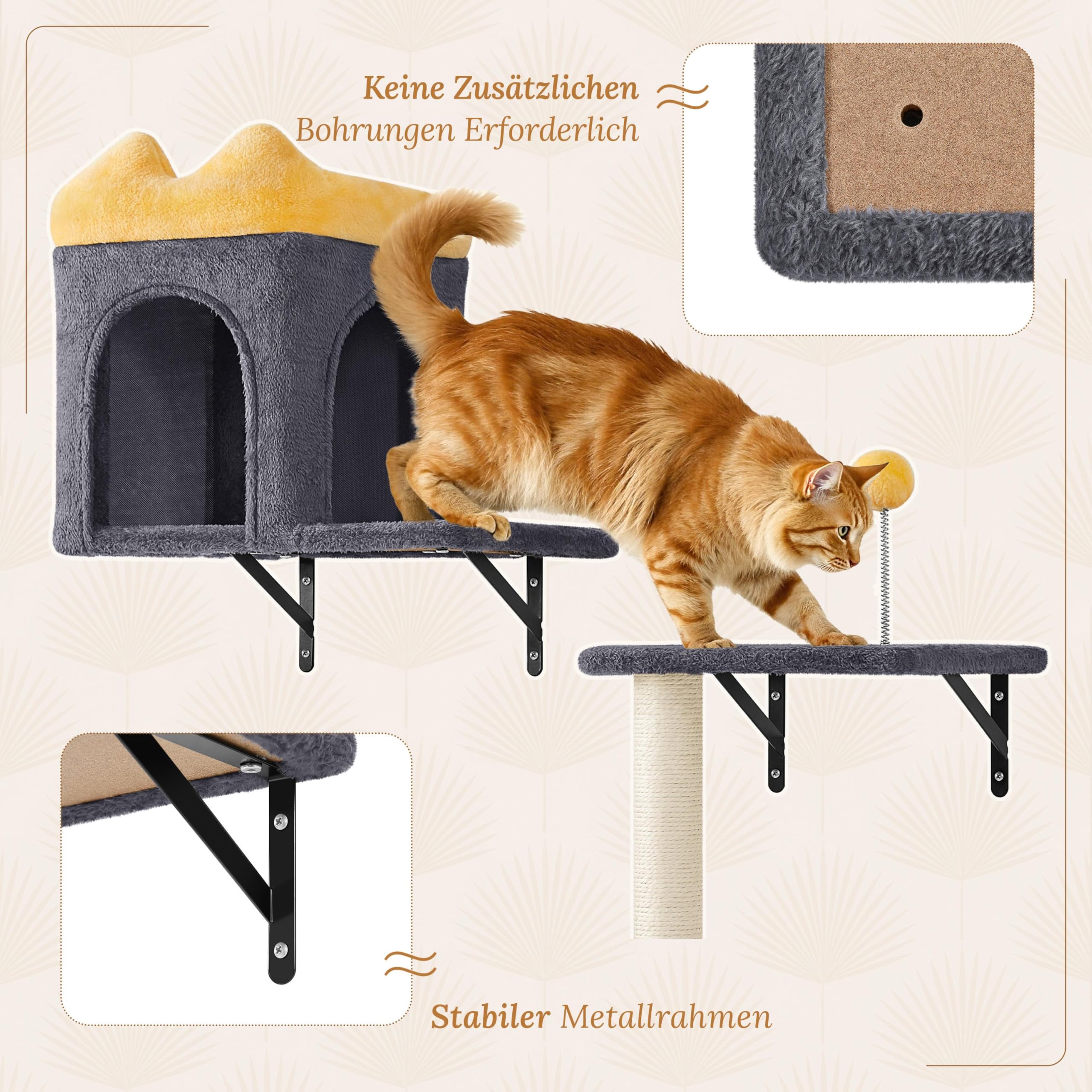 Yaheetech Kletterwand Katzen Wandelemente mit Katzenhaus & Korb dunkelgrau | Kletterwand-Set | Katzen Wandelemente | mit Kratzbrett Kratzsäulen | Ideal für kleine Räume | FSC-zertifizierten Spanplatten