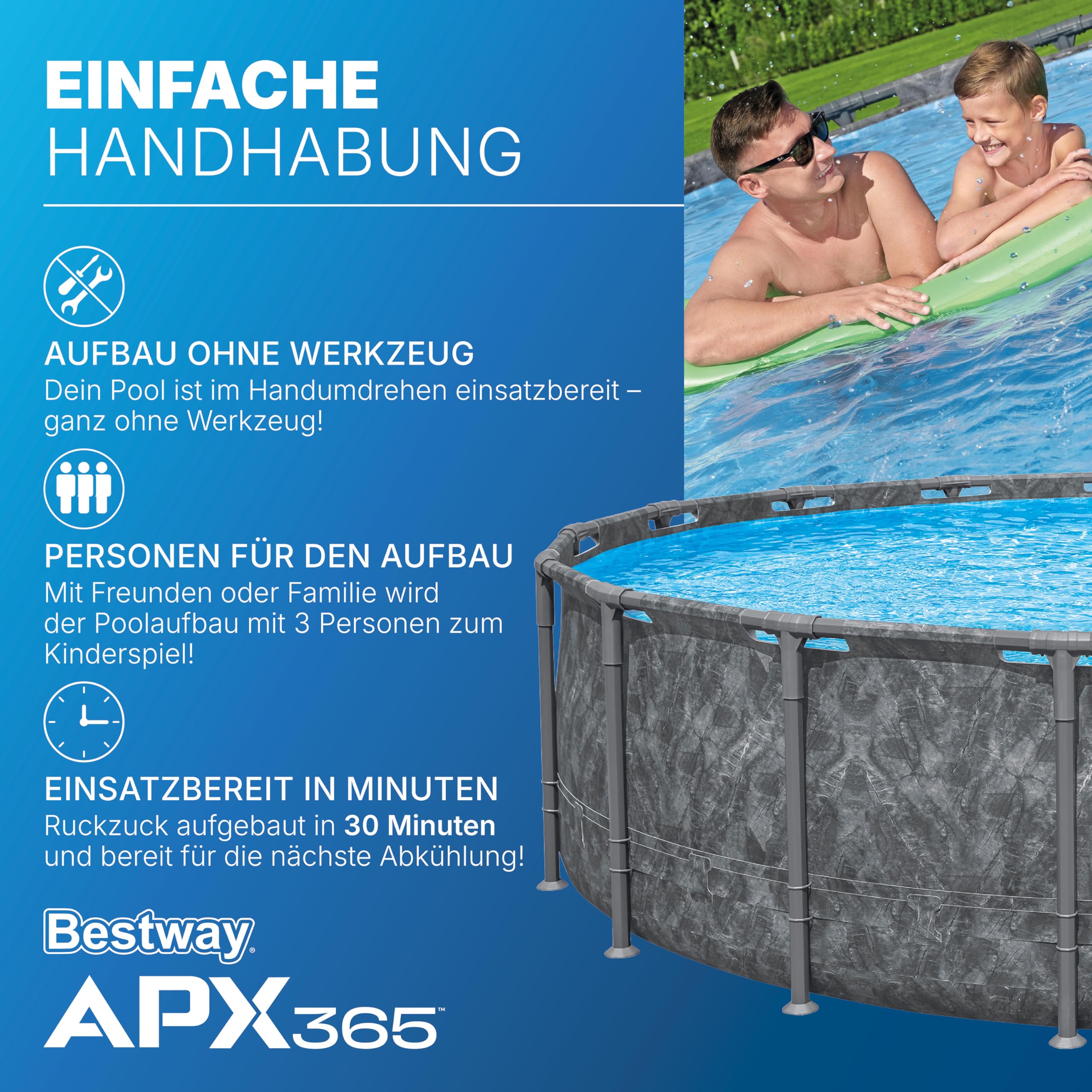 Bestway APX365 Winterfestes Frame Pool Set, Ø 549 x 132 cm, 26.000 L, Sandfilteranlage, Marmor-Optik, Ganzjahresschutz, Kein Abbau nötig, Werkzeugloser Aufbau, Sicherheitsleiter, Abdeckplane