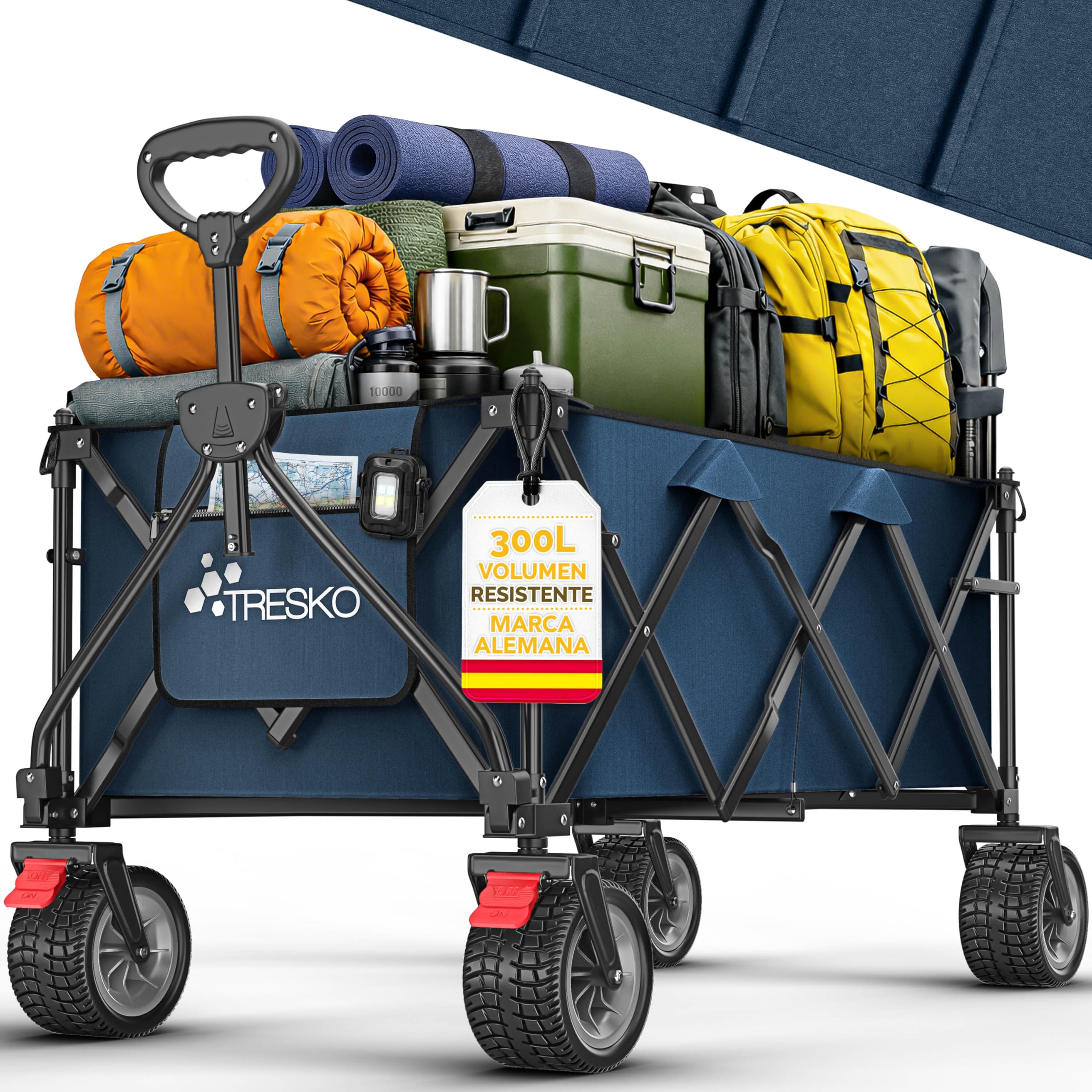 TRESKO® Carro plegable de 300 l con freno, carro de mano plegable, 150 kg, incluye neumáticos de goma, plegable, ruedas extra anchas, con bolsa de transporte, color azul