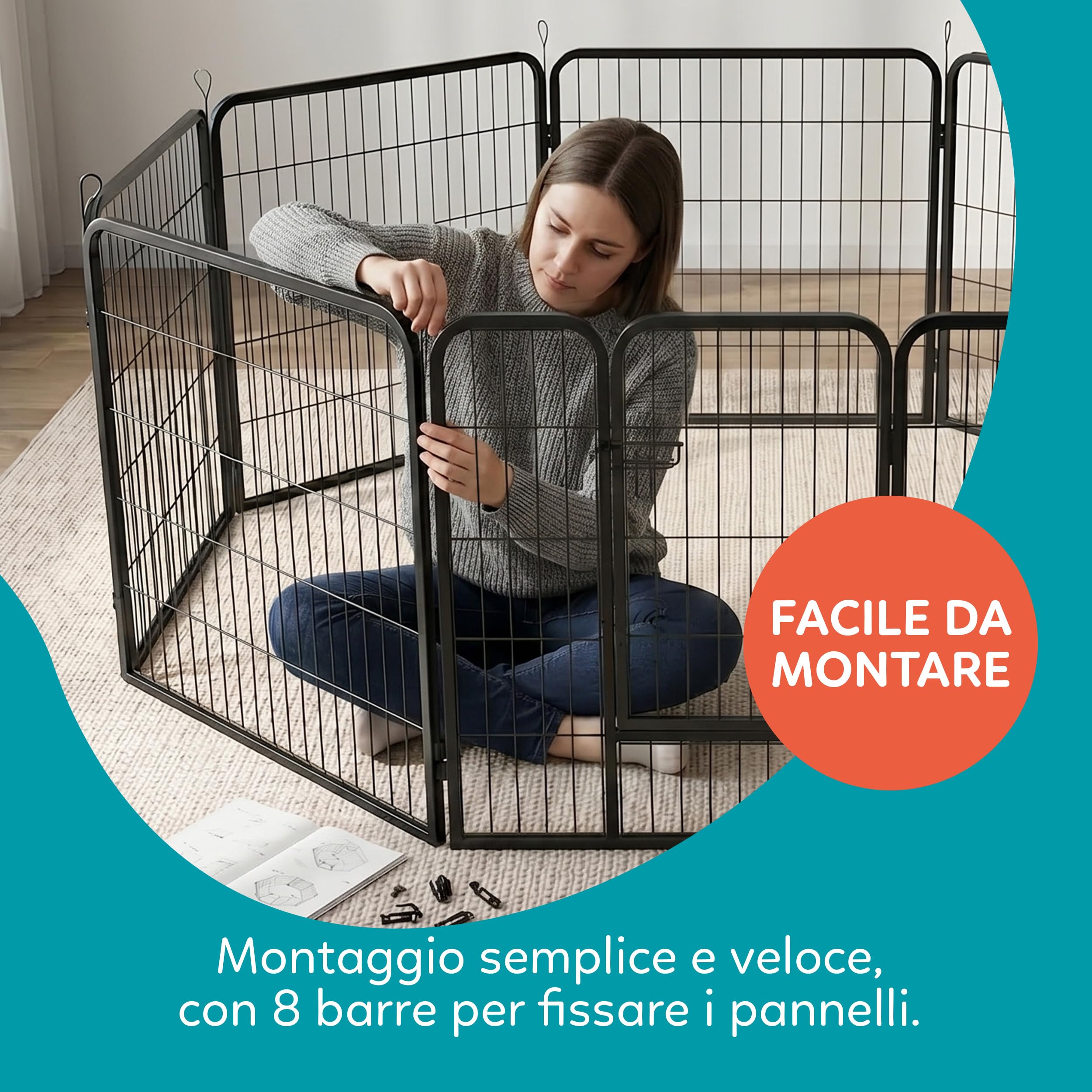 AQPET Recinto in ferro per Cani e Gatti Roditori 80x80 cm 8 Pezzi Per interno esterno da Giardino