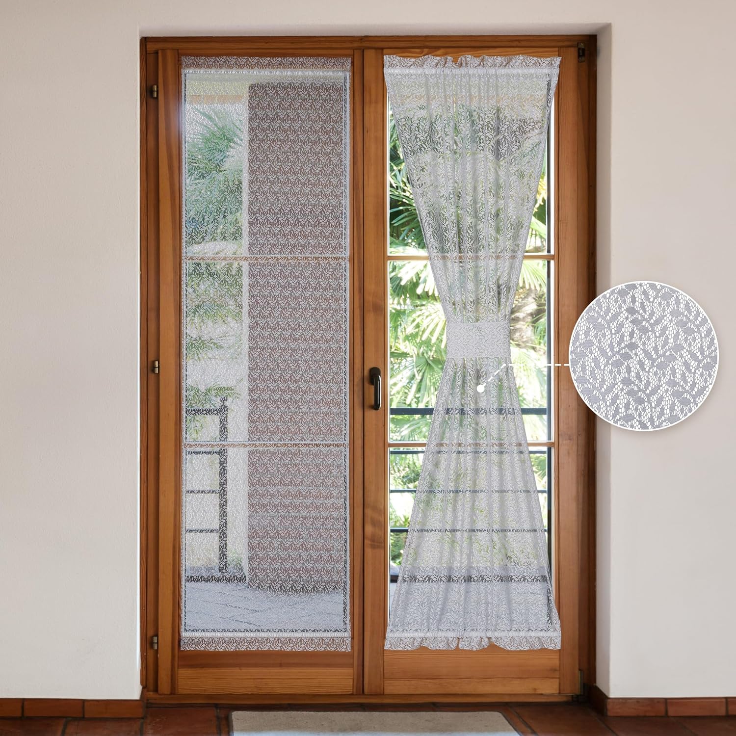 Set of 2 Grey Sheer French Door Curtains, 52x72 Inch Botanical Branch and Leaf Lace Voile Curtains for Patio Glass French Door, Tieback Included