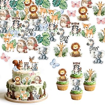60Pcs Edible Jungle Safari Animal Cupcake Toppers Wafer Paper Green Leaf Woodland Animal Cupcake Kids Baby Shower Birthday Party Decoration Supplies