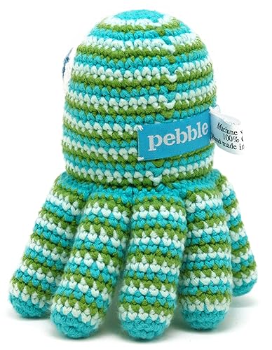Miniatura 3 de Pebble Sonajero de bebé de pulpo hecho a mano, rayas verdes, océano, playa, costero, juguete de ganchillo para bebé, comercio justo, lavable a