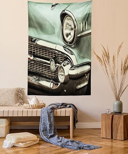 Lunarable Tapiz de los años 50, imagen de estilo retro de un frente de un automóvil antiguo verde, historia estadounidense pulida, decoración