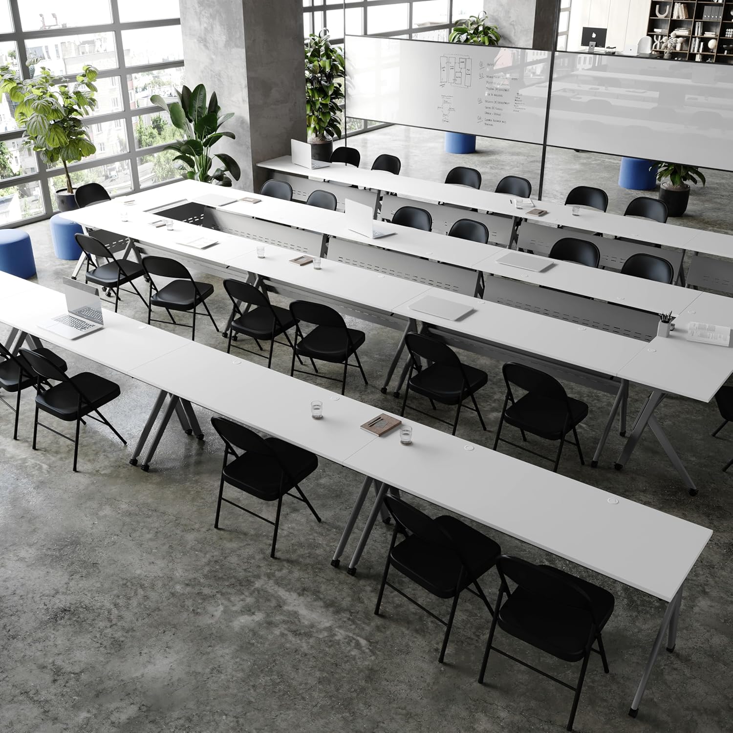 BizChair Commercial Grade 72" x 24" Heavy-Duty Nesting Flip Training Table with Y-Legs, Modesty Panel, 1" Thick White Tabletop, and Gray Steel Frame