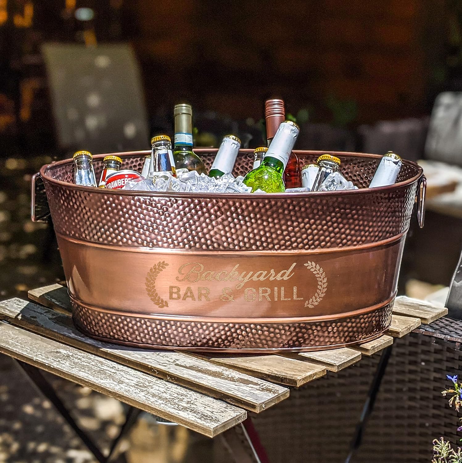 BREKX Personalized Aspen Hammered Copper-Finished Beverage Tub, Rust-Resistant and Leak-Proof Ice and Drink Bucket with Metal Stand, 25-Quart