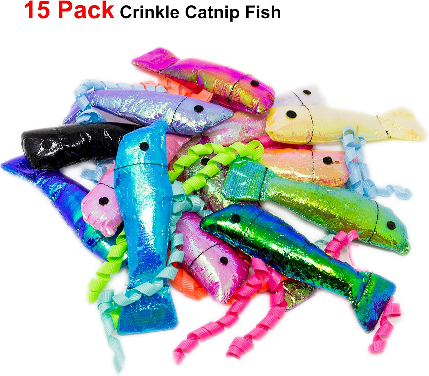 Youngever Catnip Crinkle Fish Toy, 15 Pack Exercise Cat Toys for Cat, Kitten, Puppy, Interactive Play, Great Gift Set