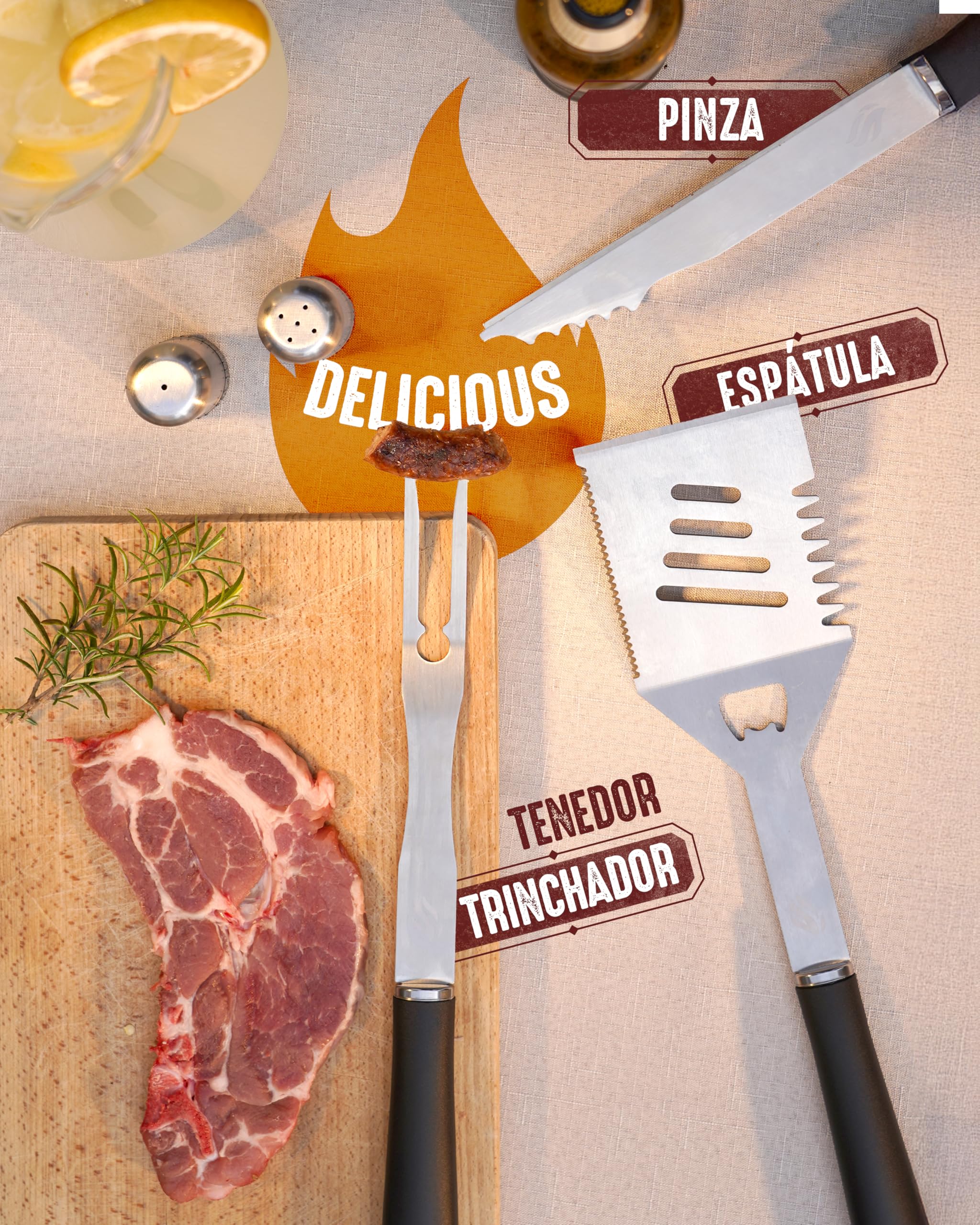 HORUS 23® - Kit Barbacoa con BBQ Accessories en Acero Inoxidable, Delantal Oxford con Bolsillos, Guante Ignífugo y Tapete para Parrilla