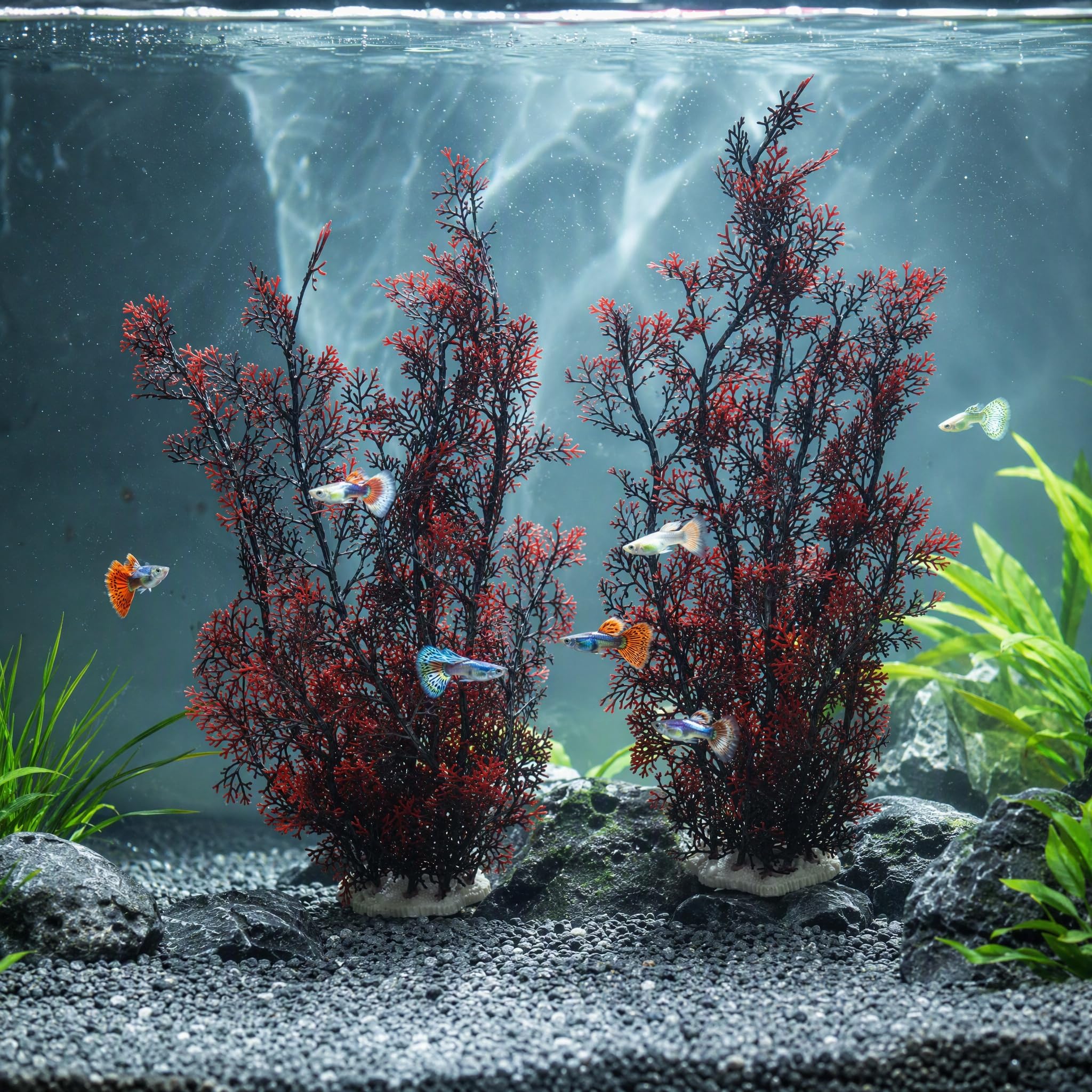 Kunststoff-Kunstpflanze für Aquarien, Dekoration, Unterwasser-Ornament für alle Fische, Versteck, Hütte, Schwarz, Rot, 2 Stück