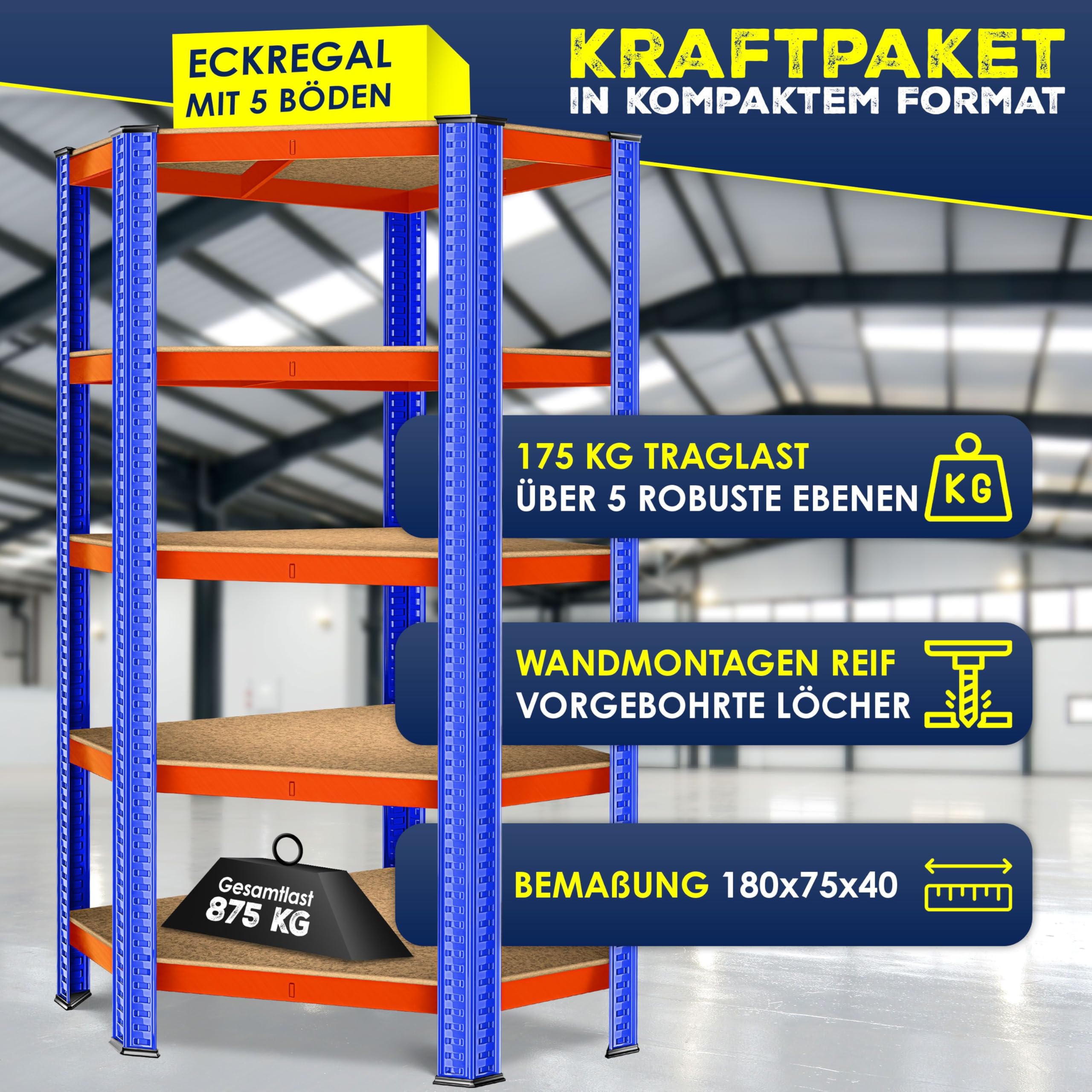 Regał narożny, magazynowy do dużych obciążeń, do piwnicy, 180 x 75 x 40 cm, do 875 kg, 5 regulowanych półek, płyty MDF, regał z metalu, regał wtykowy, regał warsztatowy, piwnica, garaż,
