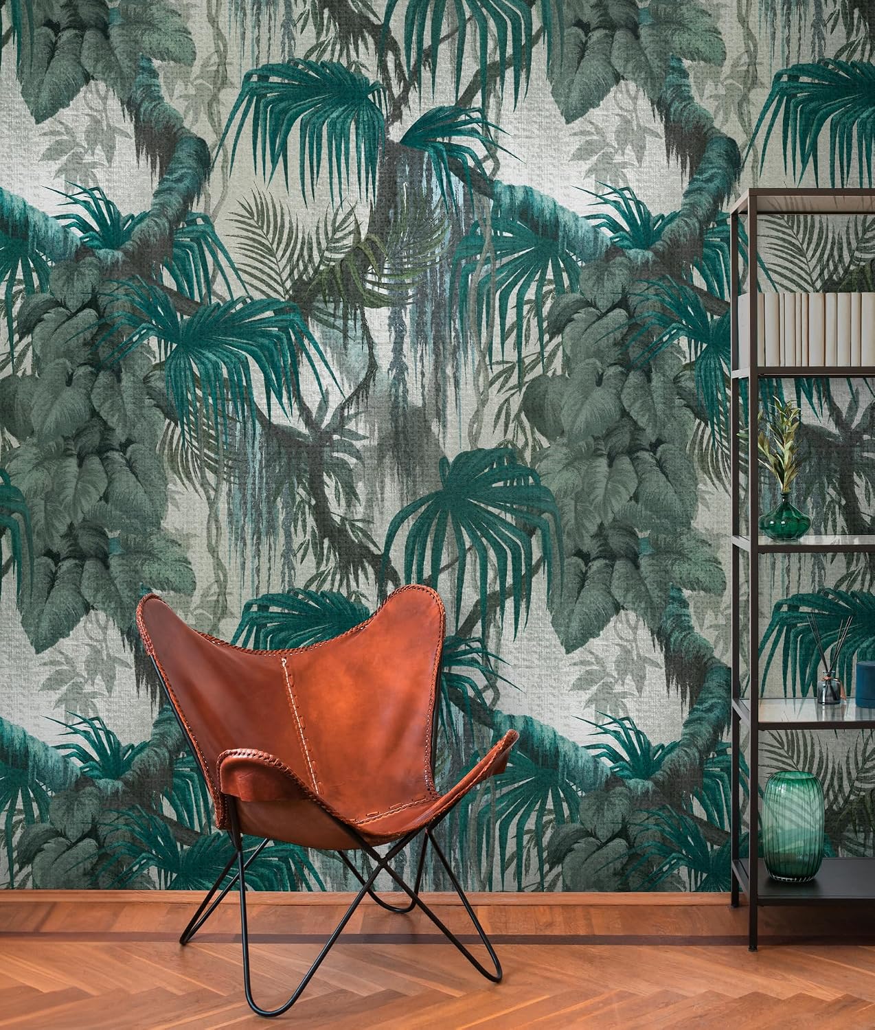Livingwalls Photo Wallpaper Jungle in Green, Petrol, Grey – High-Quality Non-Woven Wallpaper 398651 with Motif on 1.59 m x 2.80 m – Made in Germany