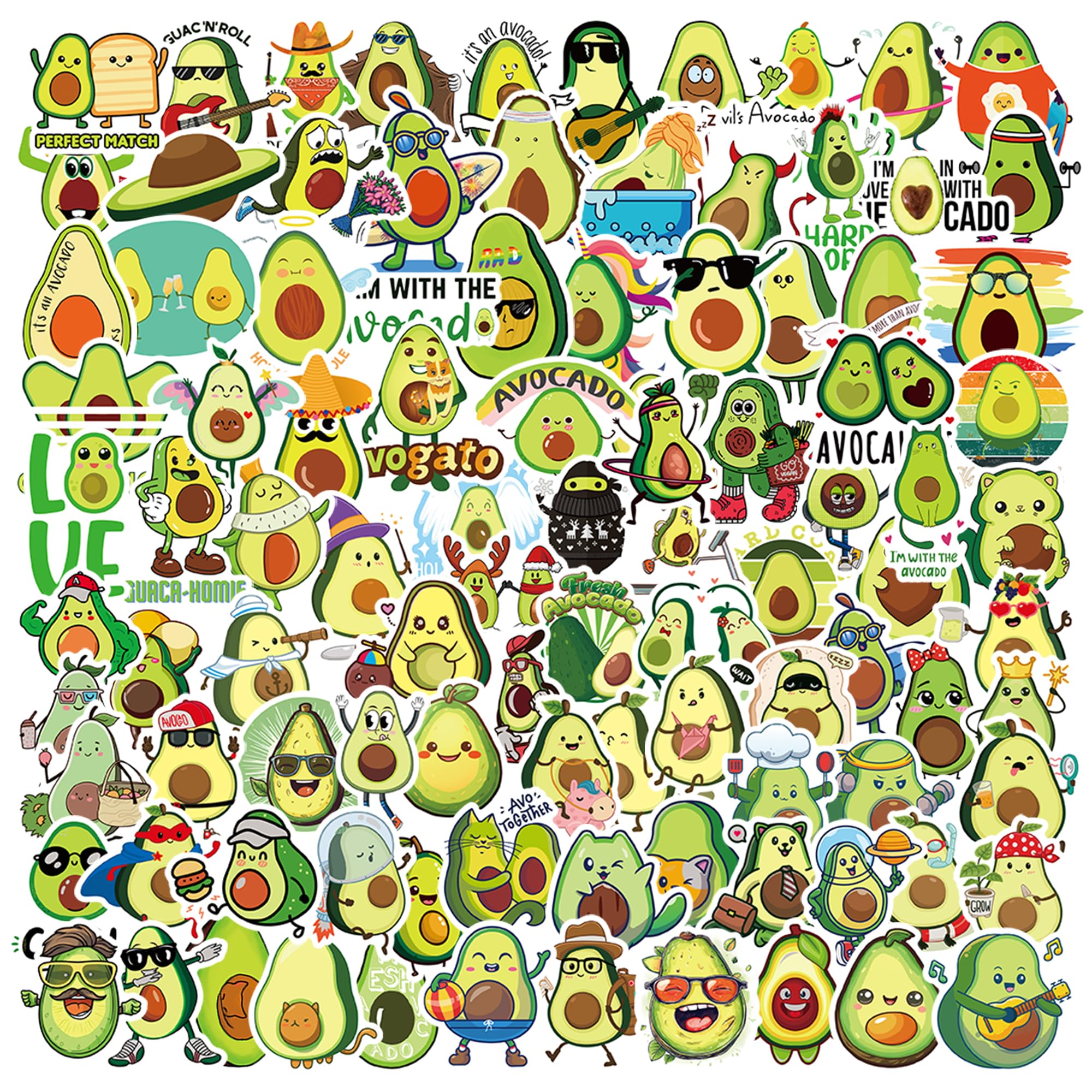 Dorgua 100Pcs Avocado Stickers, Non-Repetitive Cartoon Avocados Sticker, Avocados Decals Fruit Vinyl Waterproof Stickers for Adults Water Bottle