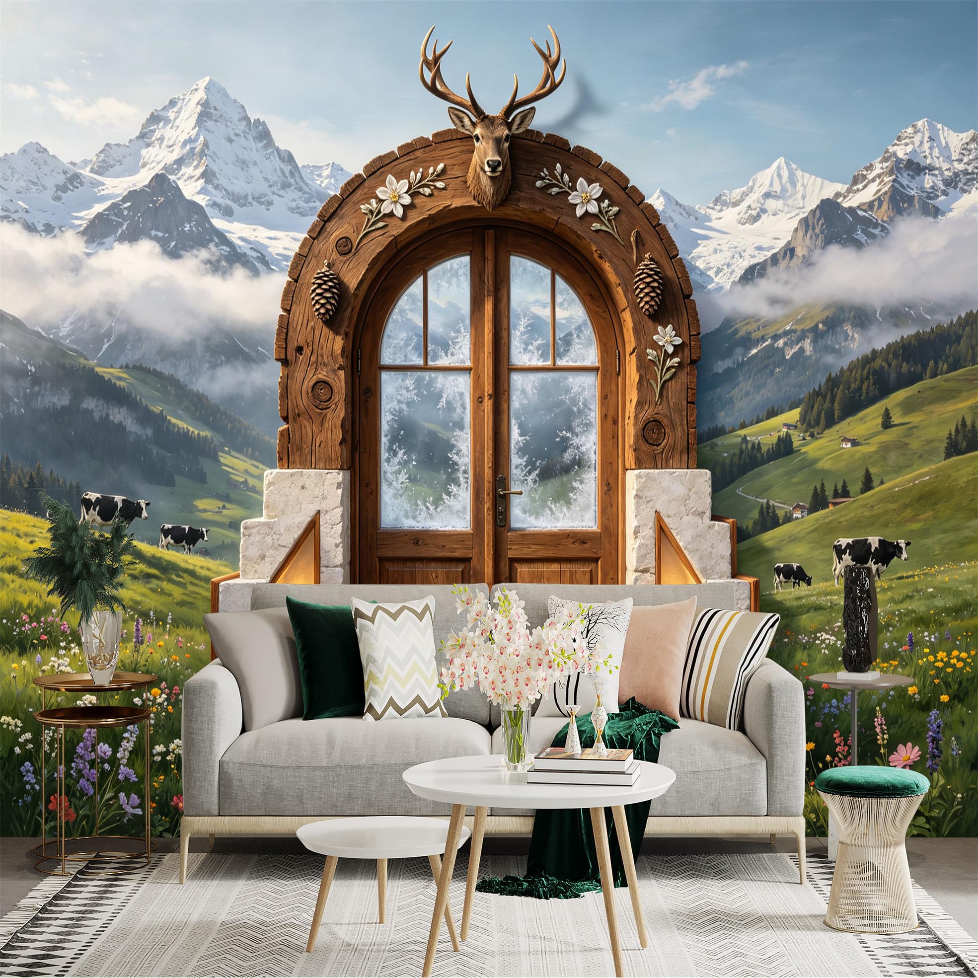 Custom Size Wall Sticker Mural， Alpine Mountain Door with Deer， Meadow and Snow Peaks， for wall Decoration， peelandstick wall Decals.
