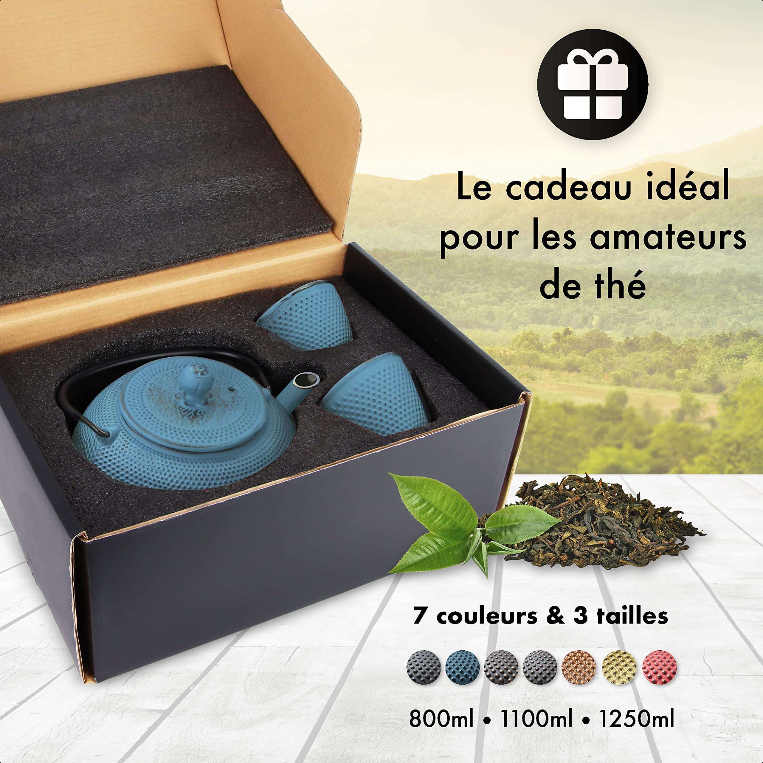 THEIERE FONTE 1,1 LITRE SET COMPLET | BOÎTE CADEAU | Service à Thé en Fonte avec Théière, 2 Tasses & Dessous Théière | Entièrement Émaillée de l'Intérieur | Design De Style Japonais | Bleu