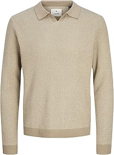 تيشرت بلاباني منسوج بأكمام طويلة وبفتحة رقبة منقسمة للرجال من جاك اند جونز، قطعة واحدة