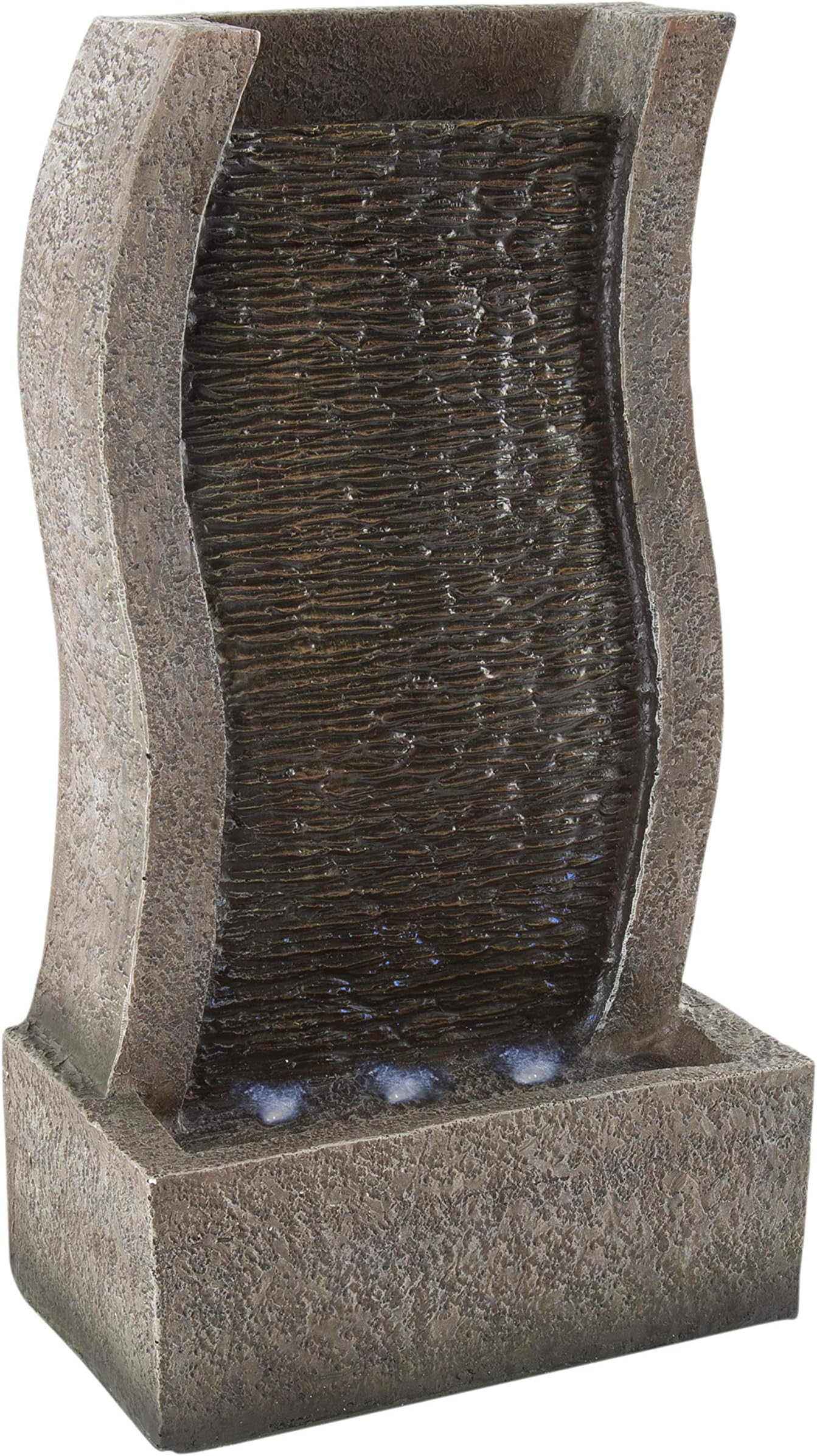 Freestanding Stone Wall Fountain - Modern 19-Inch Indoor and Outdoor Decorative S-Shaped Polyresin Waterfall with LED Lights by Pure Garden (Silver),Gray