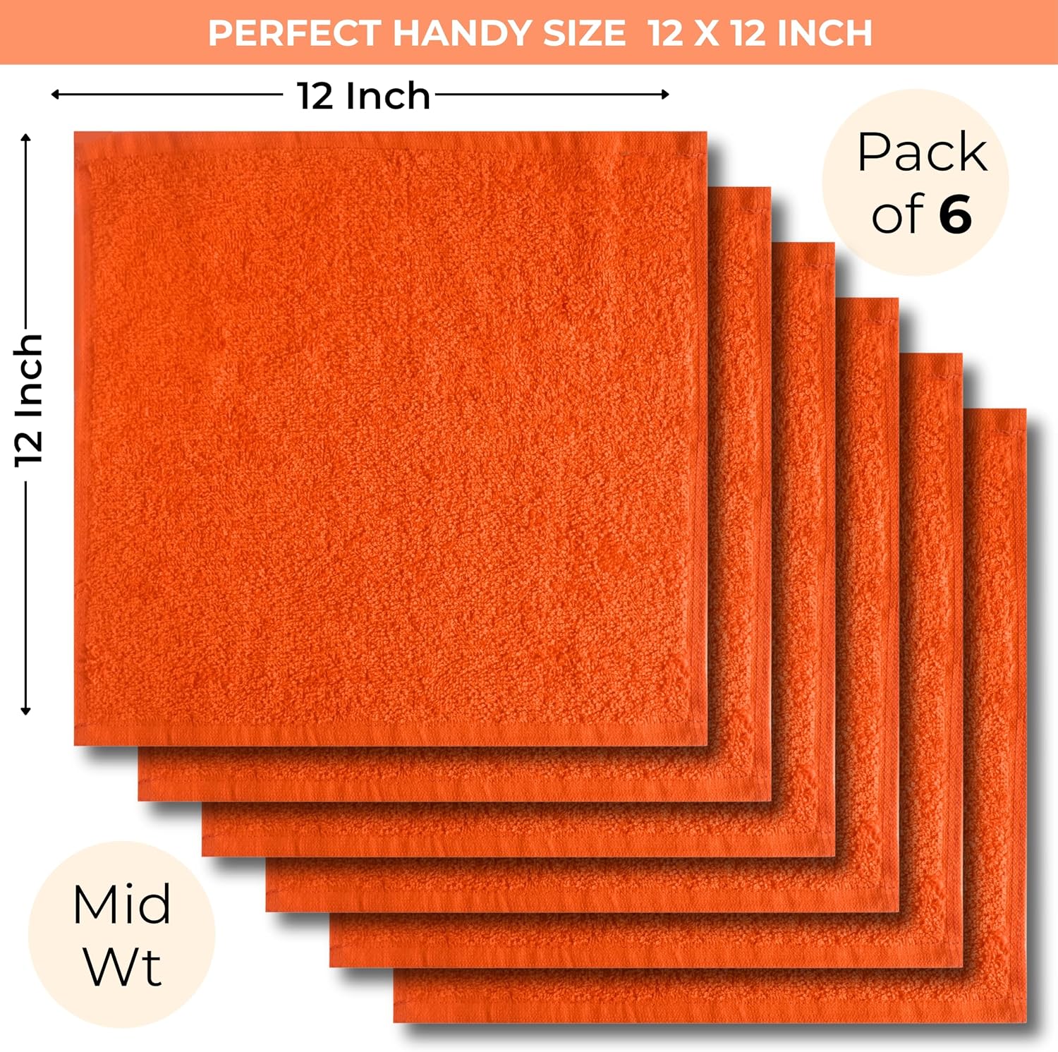 Orange 100% Cotton Wash Cloths for Showering Body and Face - 12"X12" 6 Pack Washcloths - Small Terry Towel Bath Rags for Adults and Kids Bathroom - Soft Absorbent