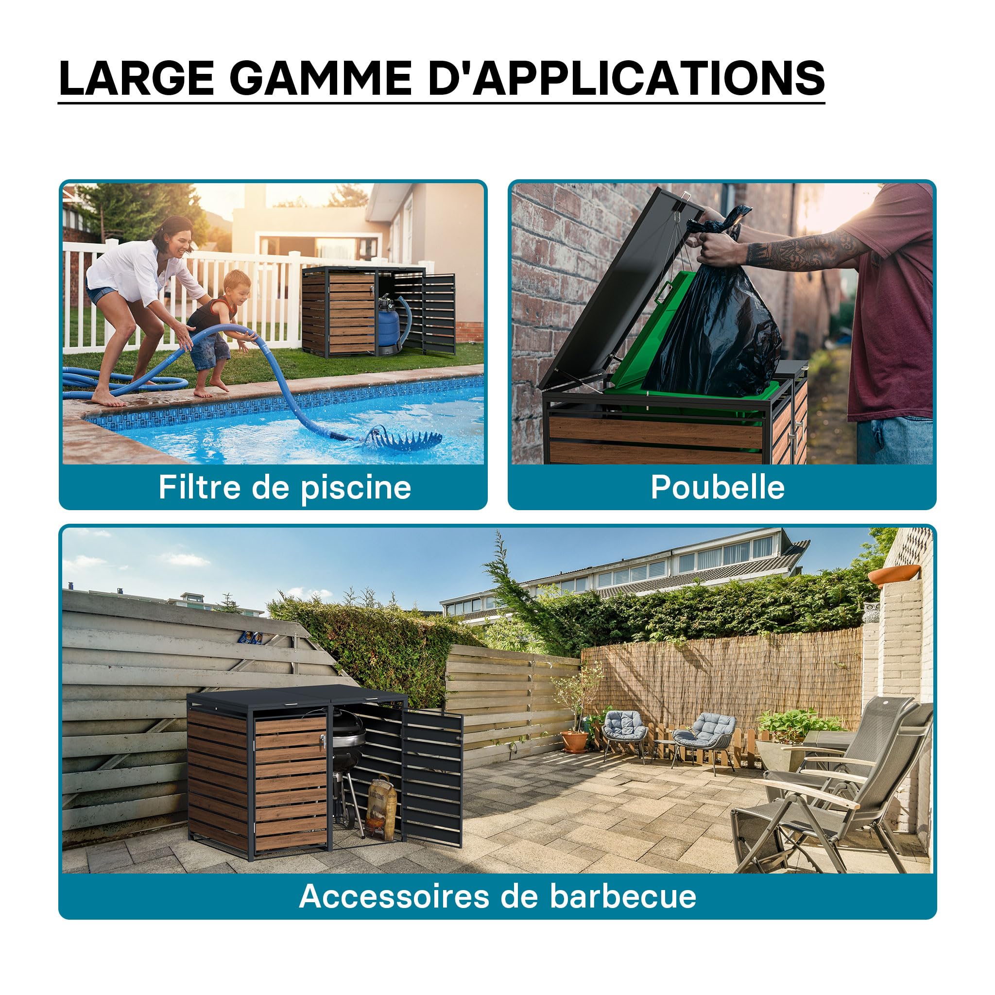 Wiltec Abri de Poubelle Double – 1420 x 980 x 1160 mm – pour Deux poubelles de 60 à 240 L – Design Bois – en Acier – avec Couvercle à carnière – Range Coffre Poubelle verrouillable