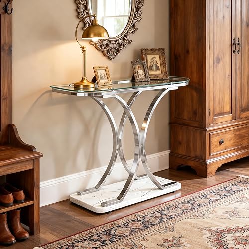 Miniatura 6 de Mesas consola de vidrio plateado para entrada de O&K FURNITURE, mesa de entrada de vidrio con marcos curvos y base de mármol, mesa moderna de