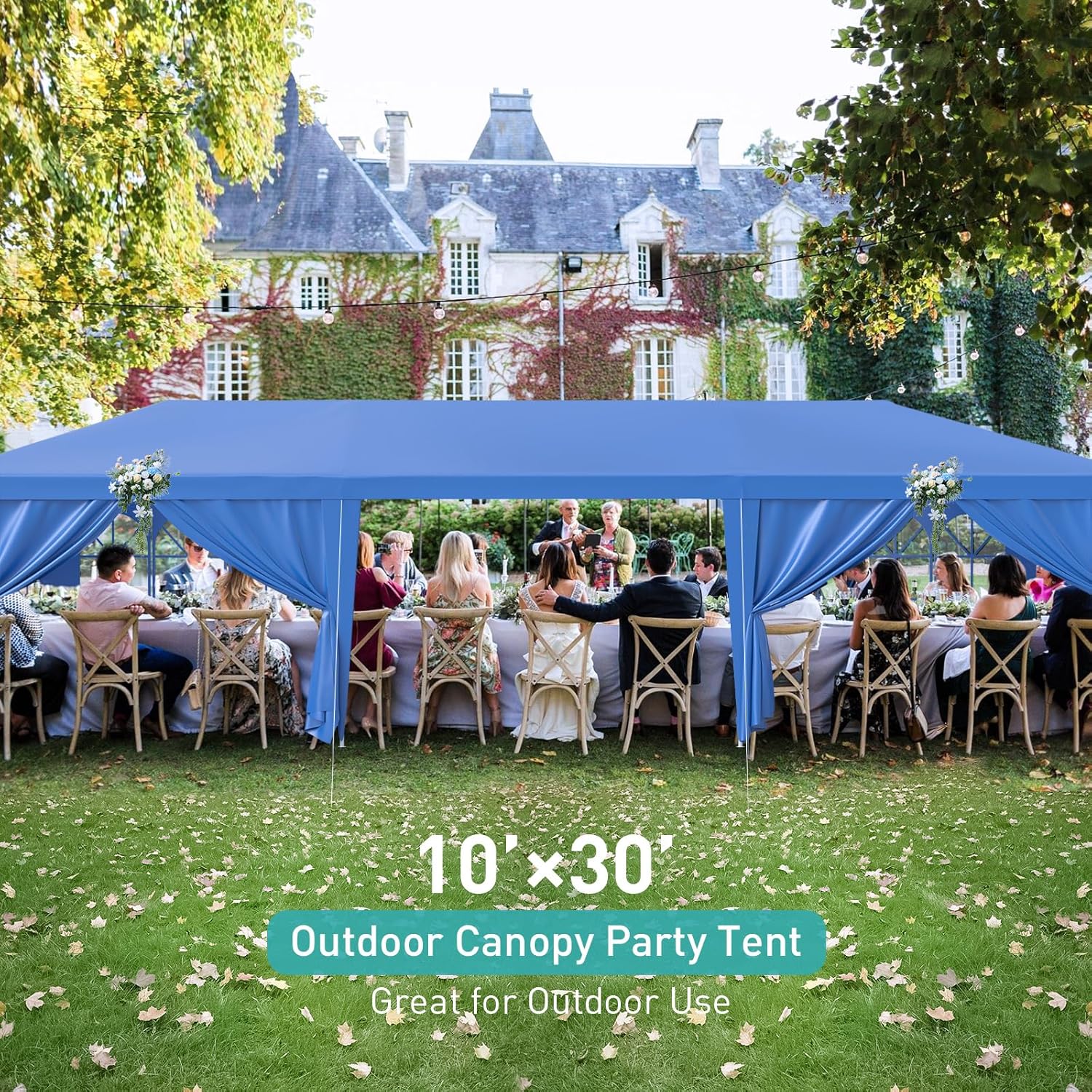 10x30 ft Party Tent, Outdoor Tents for Parties, Outside Blue Event Wedding Birthday Gazebo Tent with 8 Removable Sidewalls and Transparent Windows for Backyard, Patio, Garden