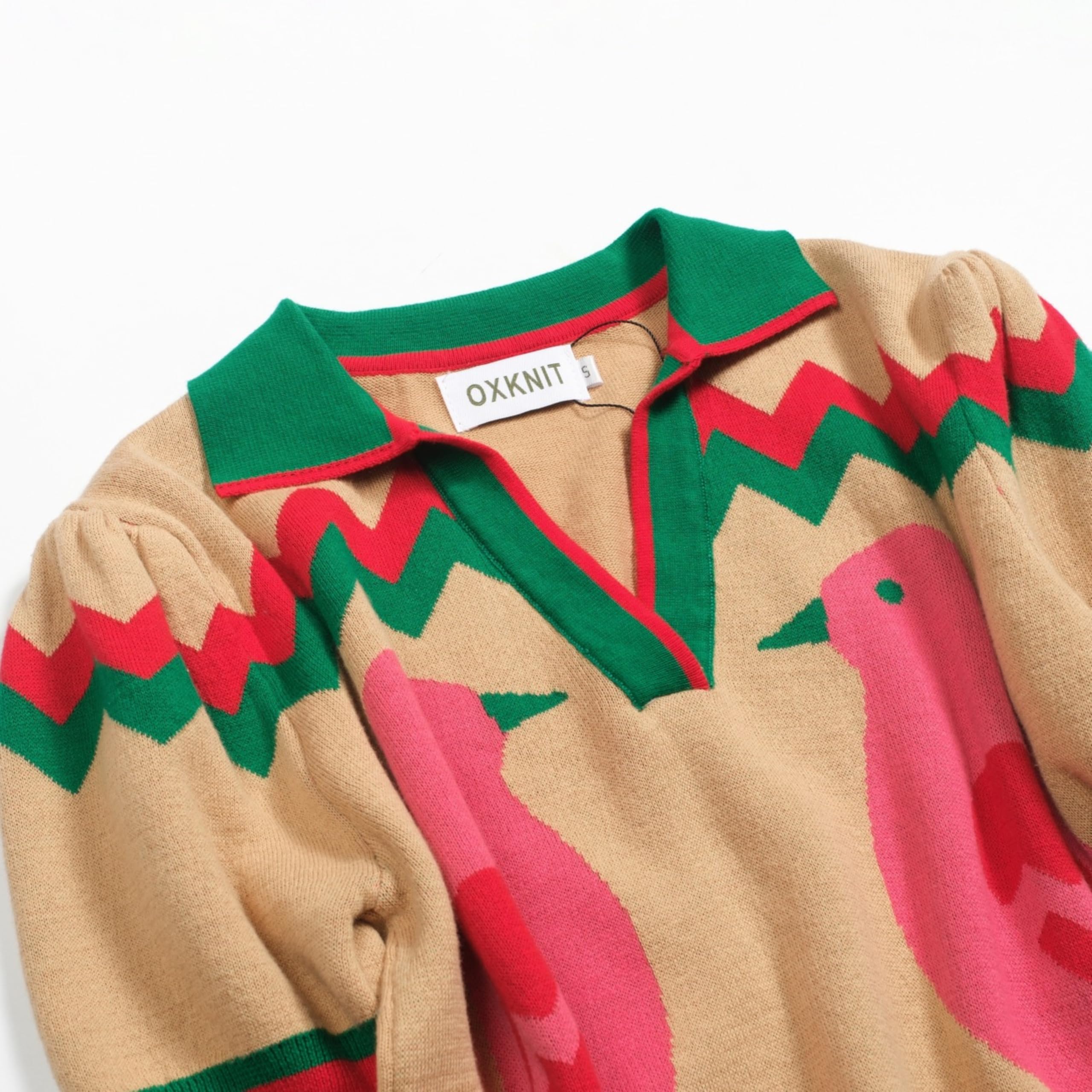 OXKNIT Damen Poloshirt Kurzarm Grün Polohemd mit V-Ausschnitt, Puffärmeln und Tierblumen Jacquardmuster