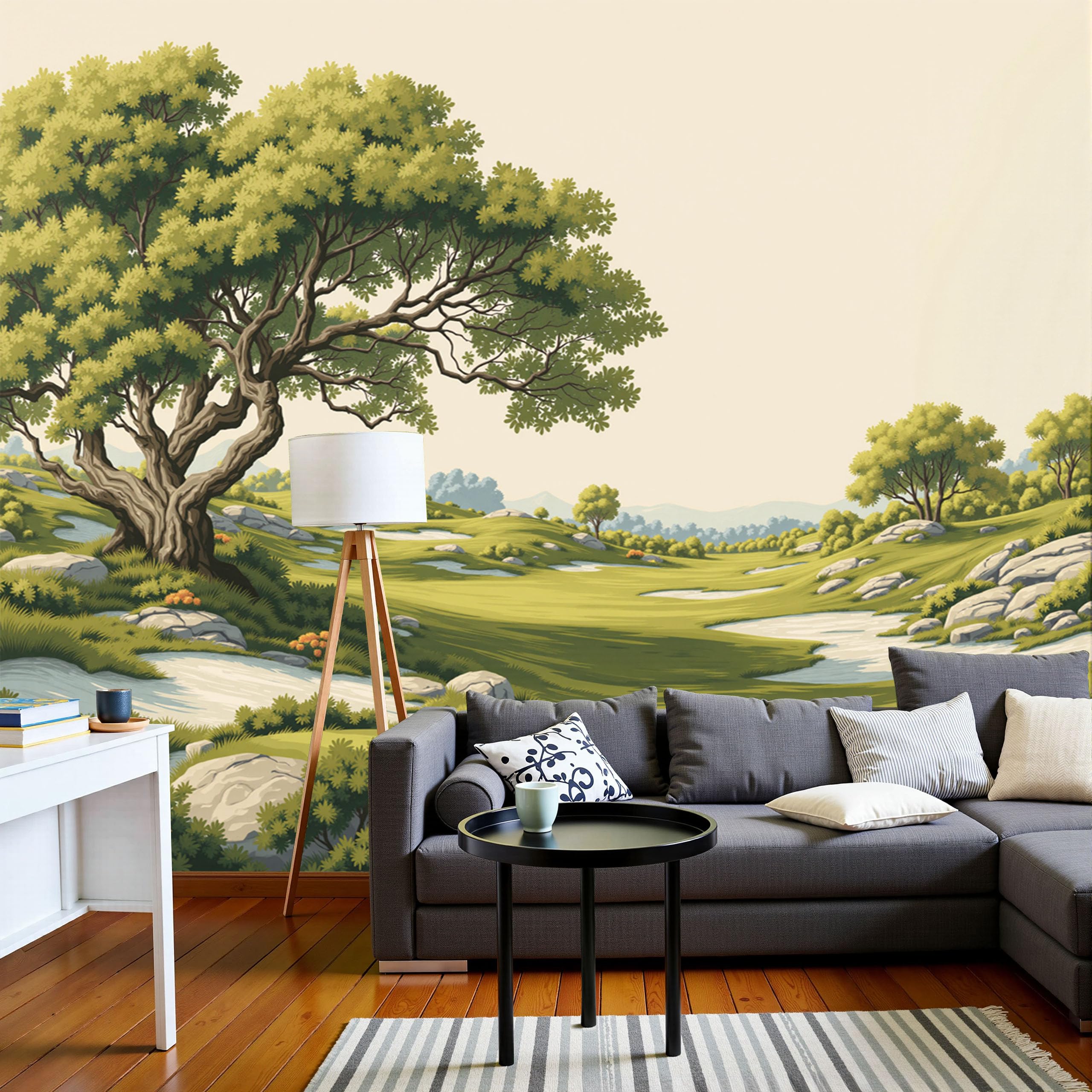Papier peint 3D panoramique prairie arborée rétro 200x140 pour décoration murale salon et tv