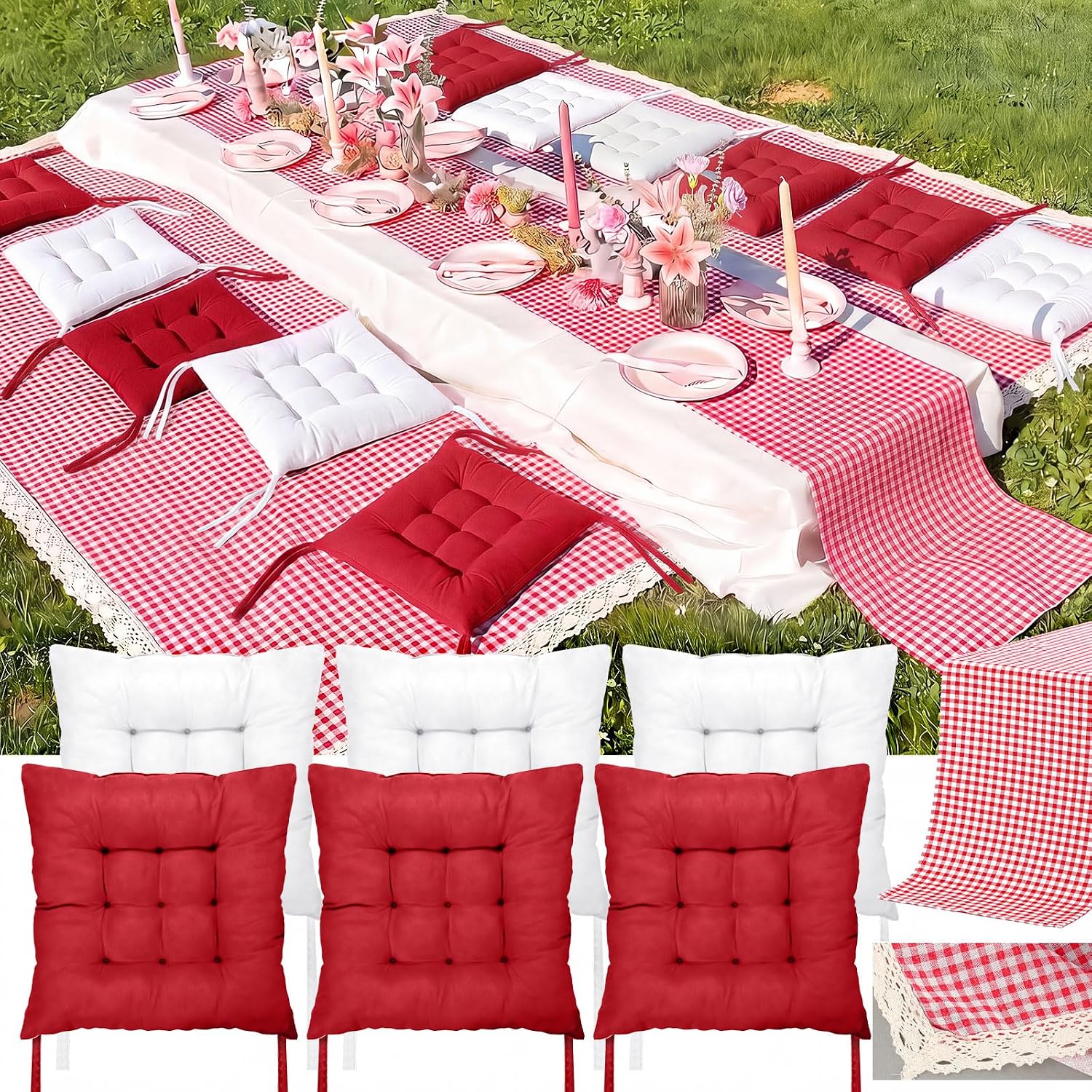 8 Pcs Fit for 6 People 91 x 71'' Extra Large Outdoor Picnic Blanket with Sage Green Table Runner and Floor Pillow Cushion Fit for 6 People Picnic Wedding Birthday Baby Shower Backyard Decor