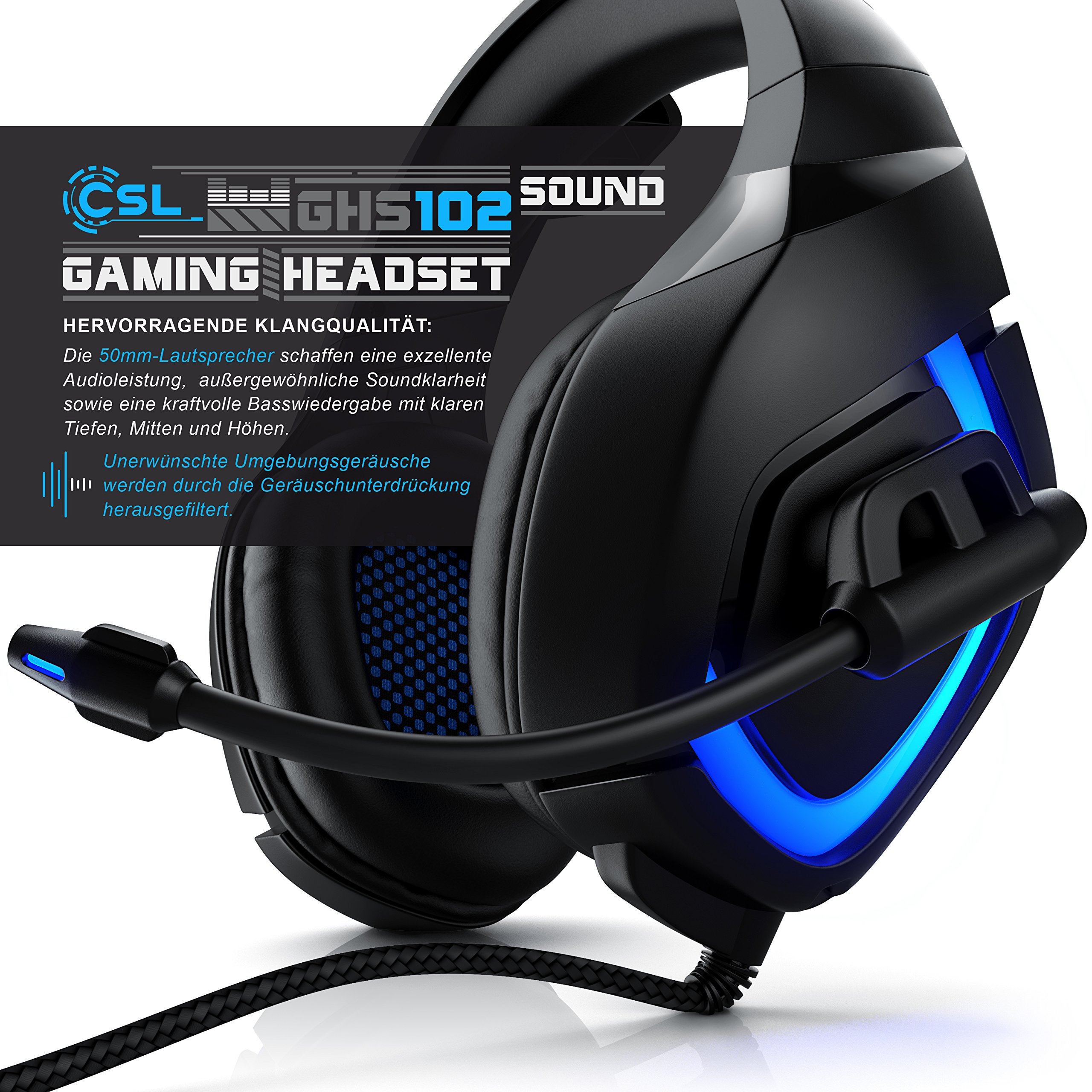 CSL - USB Gaming PC Headset mit Mikrofon - Kabelfernbedienung Externe Soundkarte - Mikrofon flexibel einklappbar - für Gaming Musik Internet-Telefonie - LED-Beleuchtung - für PC Mac