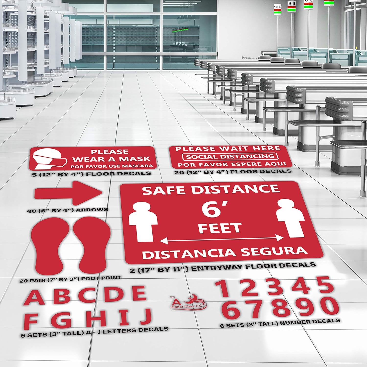 Mega Pack 170 - Bilingual (English & Spanish) Social Distancing Floor Stickers –Hospitals, Doctor’s Office Grocery Stores - 6 Feet Spacing Lines & Checkout Areas Durable Vinyl Decals (Orange)