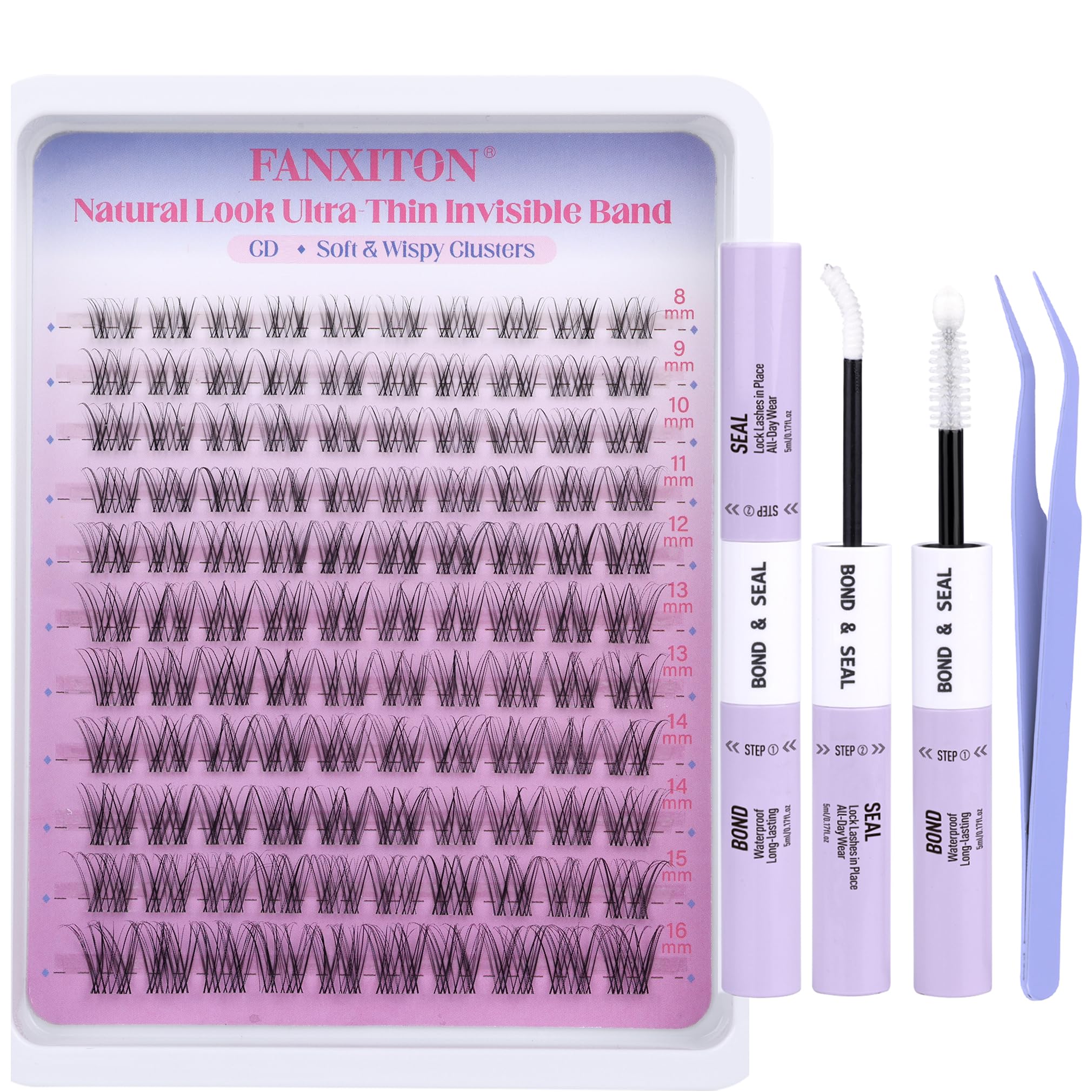 FANXITON DIY Individual Eyelash Extension Kit, Thick Volume Lash Clusters 40D+50D D Curvature, 280 Pieces Thin Band Cluster Lashes with Bond and Seal Tweezers