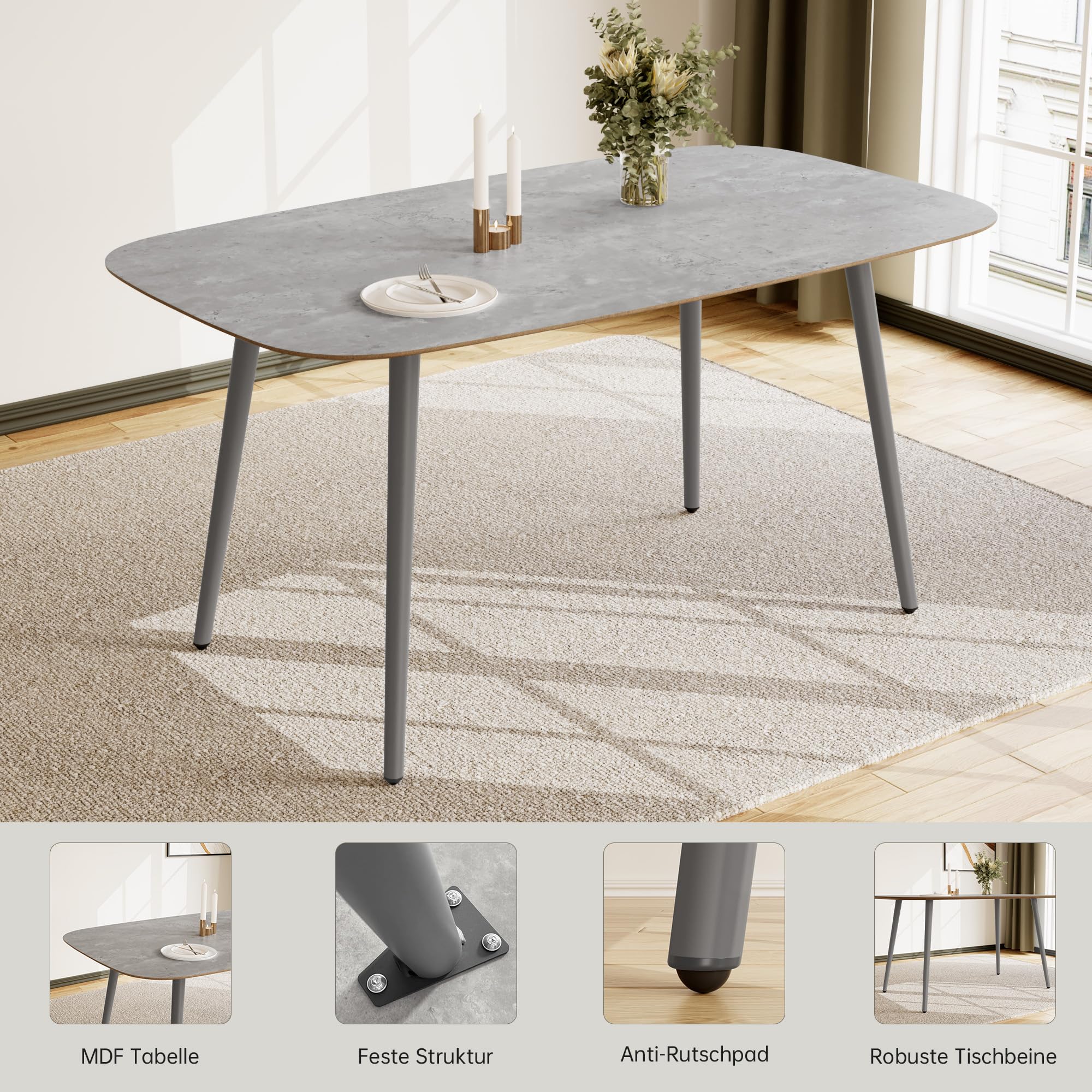 JIEXI Esstisch Küchentisch, 120 cm grau + 4 graue Stühle, 4-6 Personen | MDF Holz, Metallbeine, Modernes Design, Für Wohnzimmer & Esszimmer