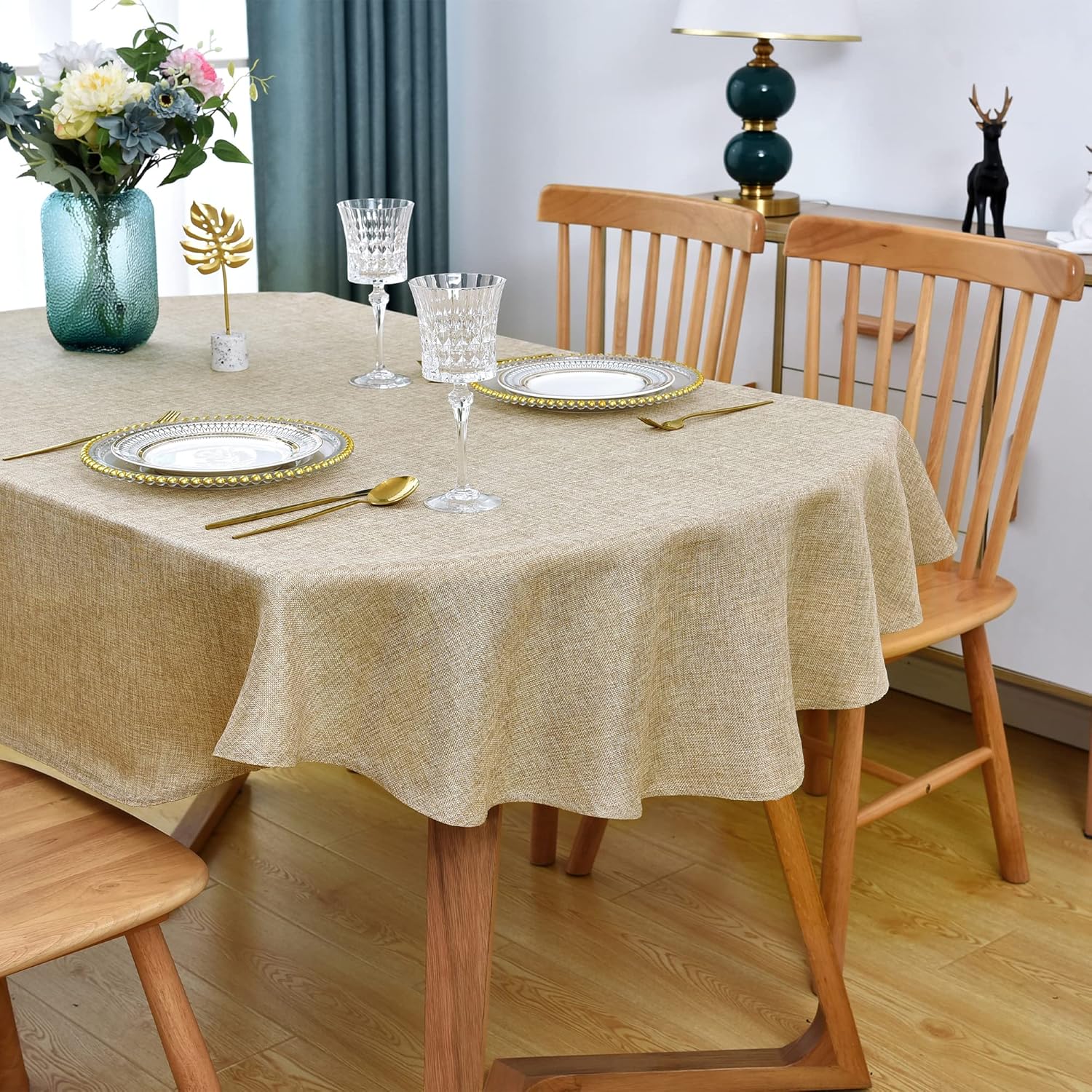 Faux Linen Oval Tablecloth Waterproof Fabric Washable Flaxen 60 x 84