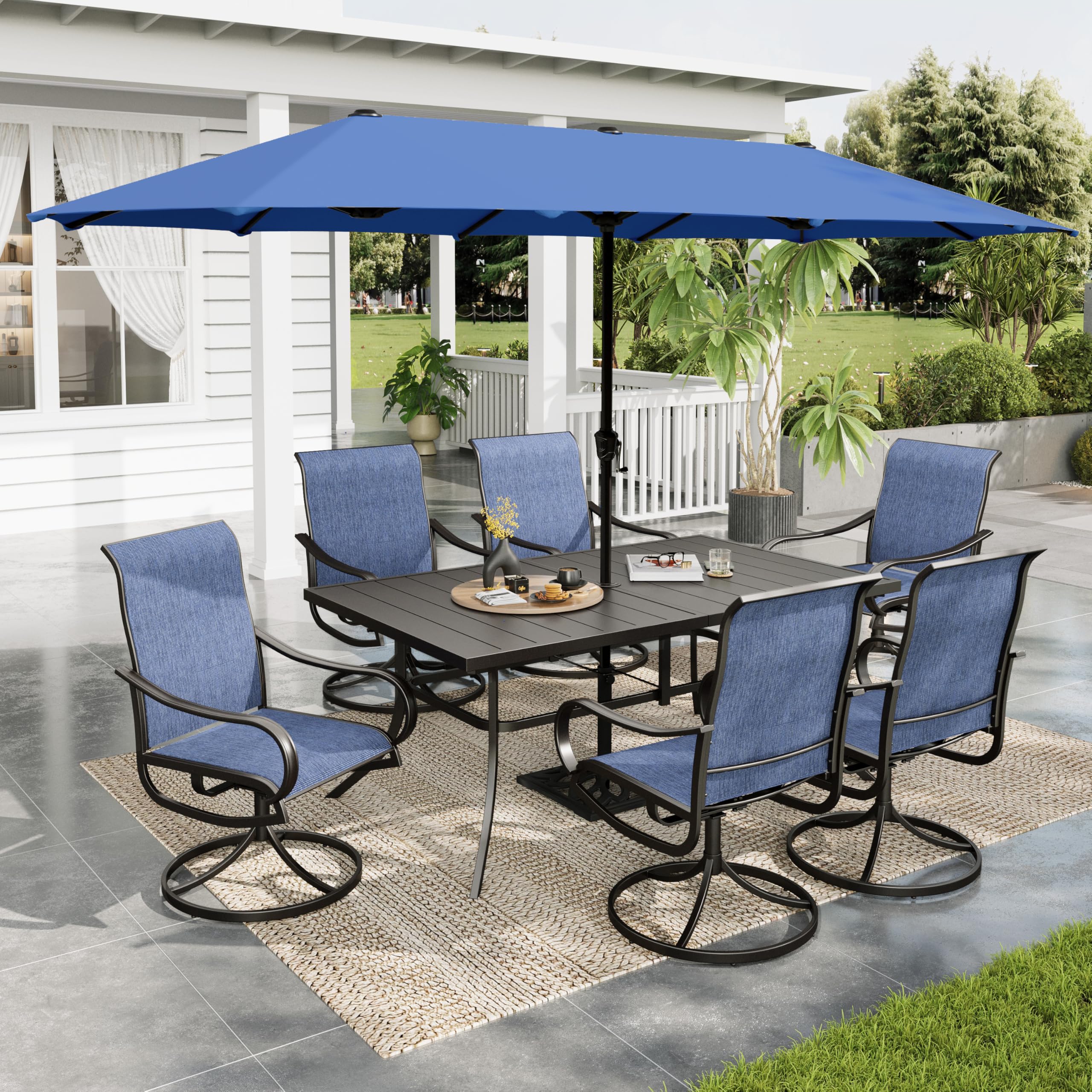 Sophia & William Patio Set with Umbrella 8 Pieces Outdoor Dining Set for 6 with 13ft Large Patio Umbrella Navy, 6 x Blue Swivel Patio Chairs with 59"