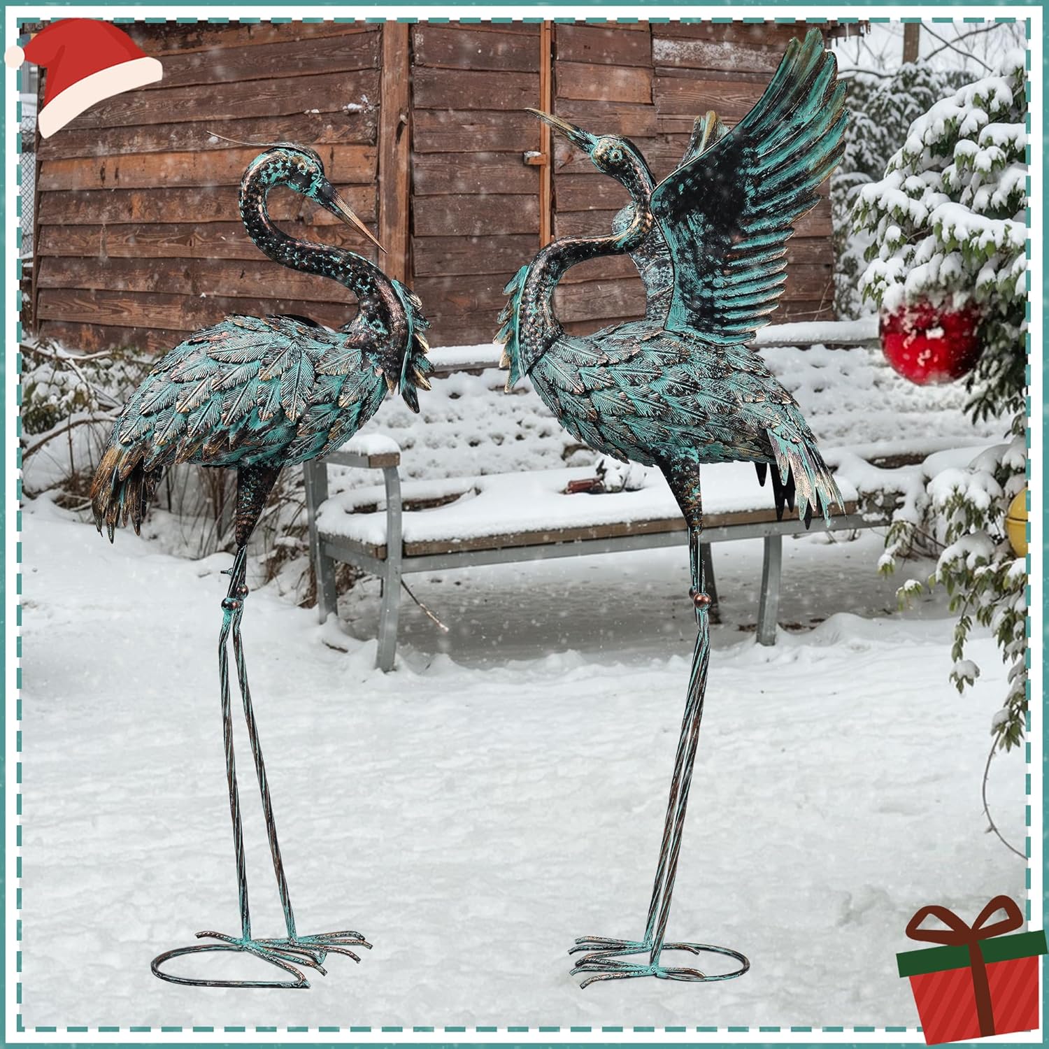 Garden Statues Large Metal Crane Sculptures, Outdoor Heron Metal Statue Yard Art for Garden Decor, Realistic Bird Art for Outdoor Decor, Standing Lifelike, Water&Rust-Proof, Set of 2 Bronze