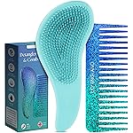 Lily England Detangler Brush & Comb Set - Lightweight Wide Tooth Detangling Tool for Women & Kids - Smooths Curly, Straight, Dry, Fine, & Thick Hair, Blue Glitter
