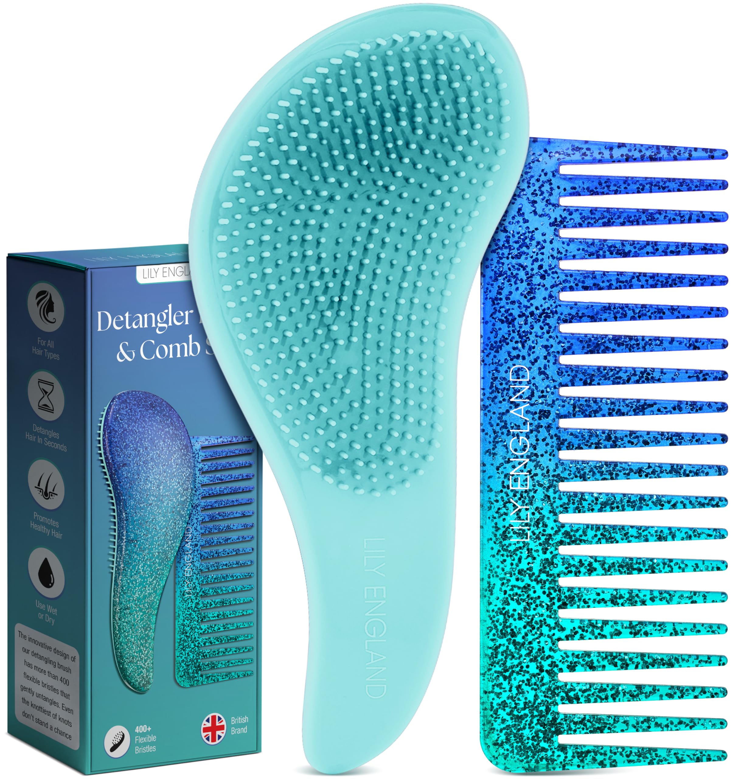 Lily England Detangler Brush & Comb Set - Lightweight Wide Tooth Detangling Tool for Women & Kids - Smooths Curly, Straight, Dry, Fine, & Thick Hair, Blue Glitter
