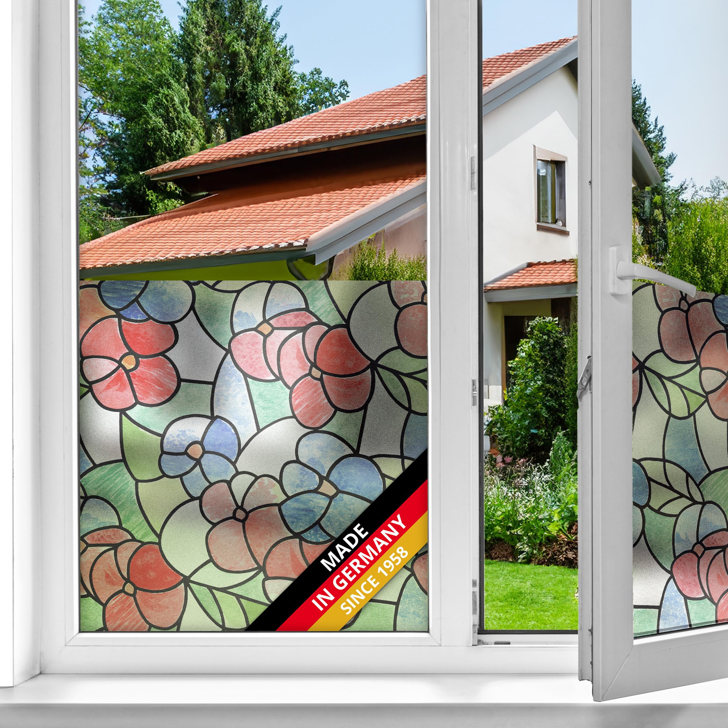 d-c-fix window film privacy Lisboa Red – 45cm x 2m – self adhesive vinyl films for glass windows with a modern flowers pattern – opaque, frosted, decorative for bathroom, home & kitchen