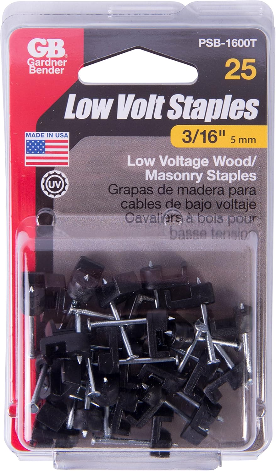 Gardner Bender PSB-1600T Low-Voltage Cable Staple, 3/16 Inch., CAT6 / RG-59 / RG-6 / Polyethylene - UV Resistant, Splinter Free, Black - Hardware Staples - 