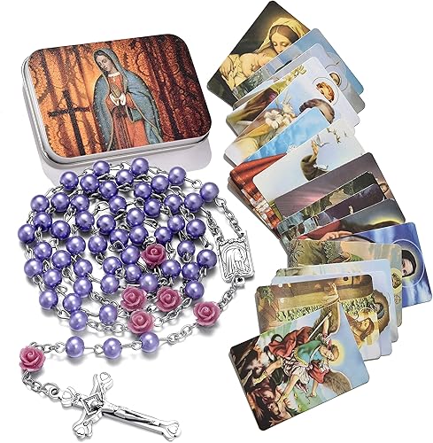 SZQCZB Rosario - Collar católico con medalla del suelo sagrado Crucifijo con caja de metal y 18 tarjetas de oración