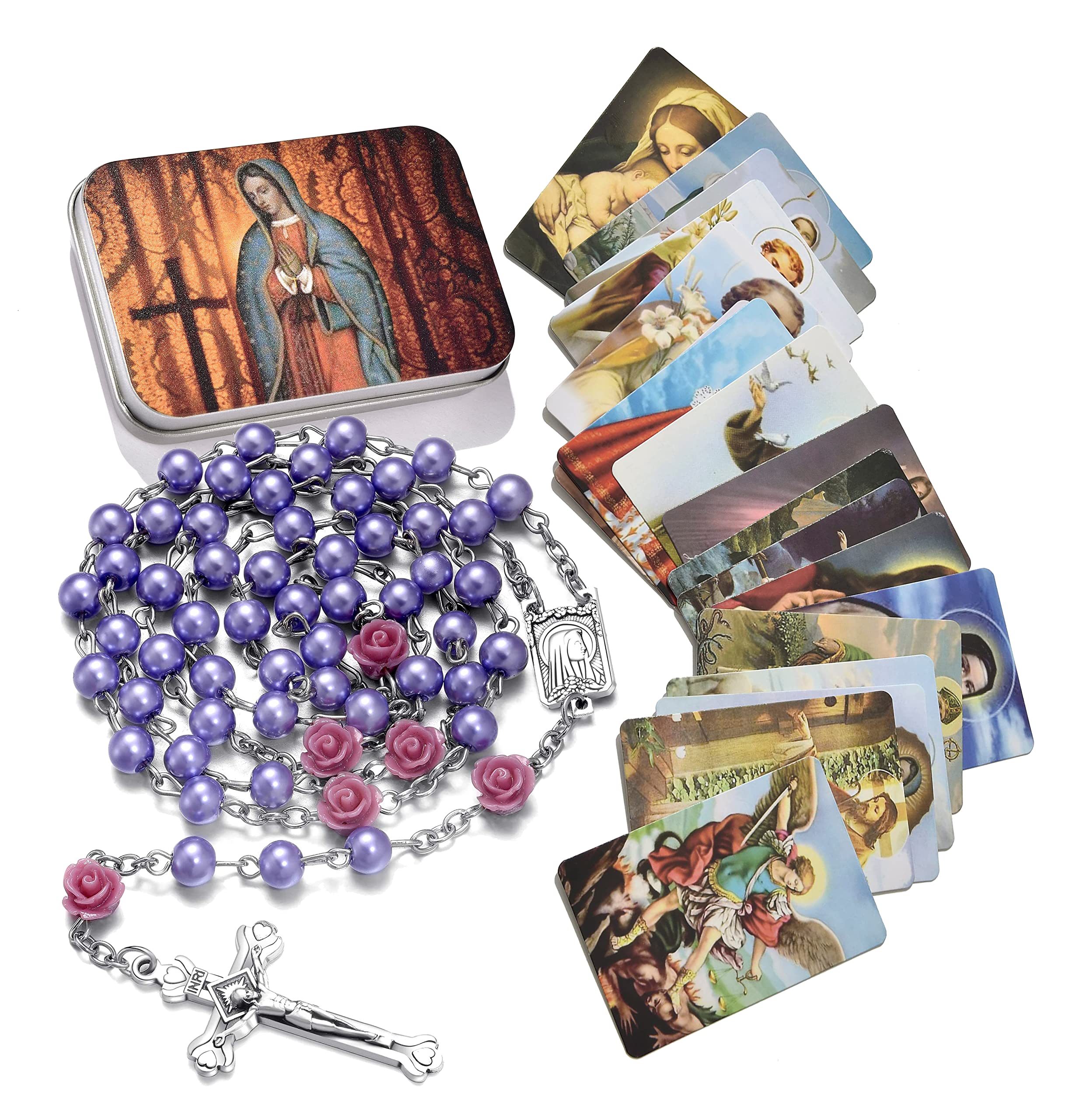 SZQCZBSZQCZB Rosary Beads Catholic Necklace Holy Soil Medal Cross Crucifix with Metal Box and 18pcs Prayer Cards