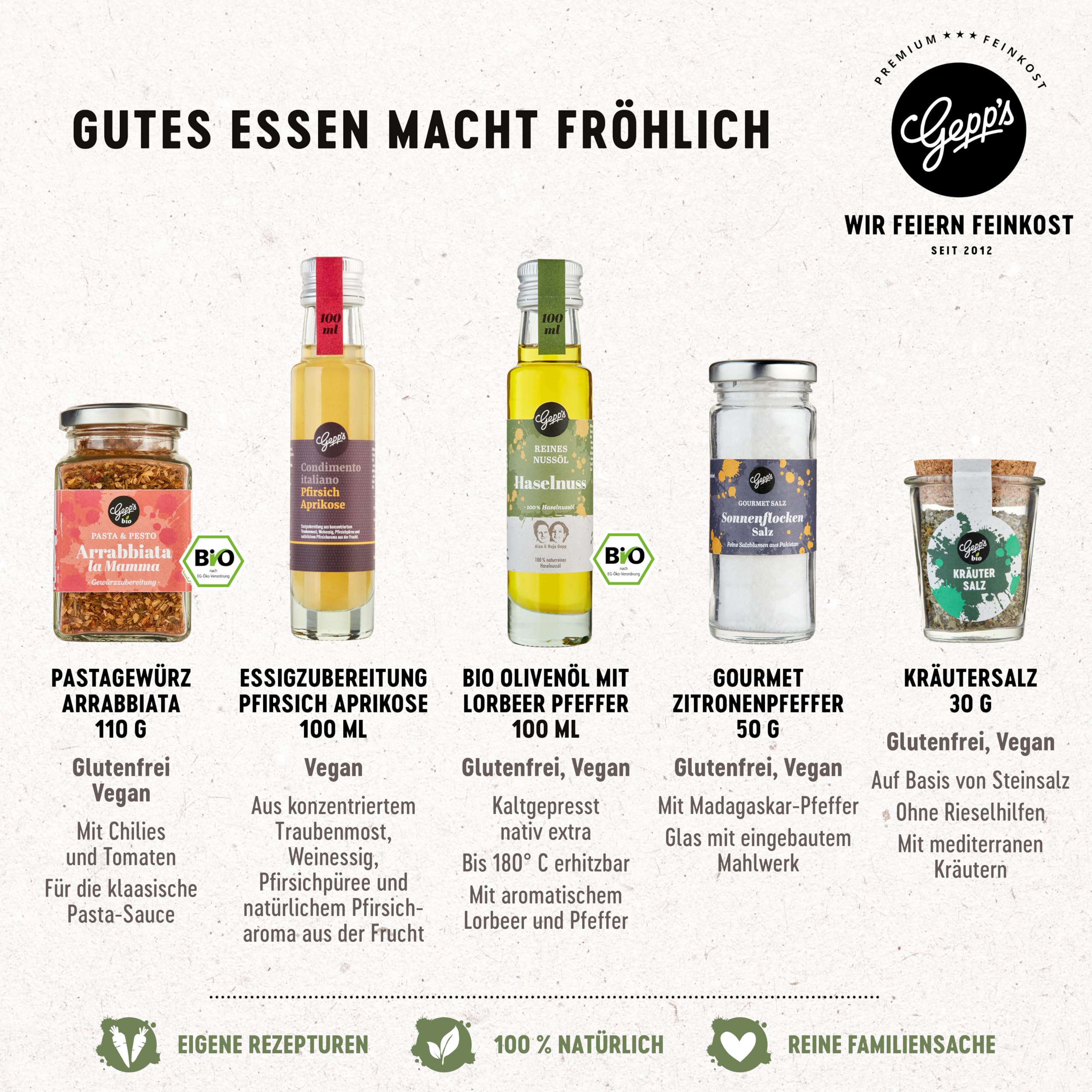 Gepp's Feinkost Geschenkkorb mit vielen Delikatessen & Geschirrtuch I Geschenkset mit Gourmet-Pesto, Pasta-Gewürz, Brotbackmischung,Bio-Olivenöl & Kräutersalz I Präsentkorb