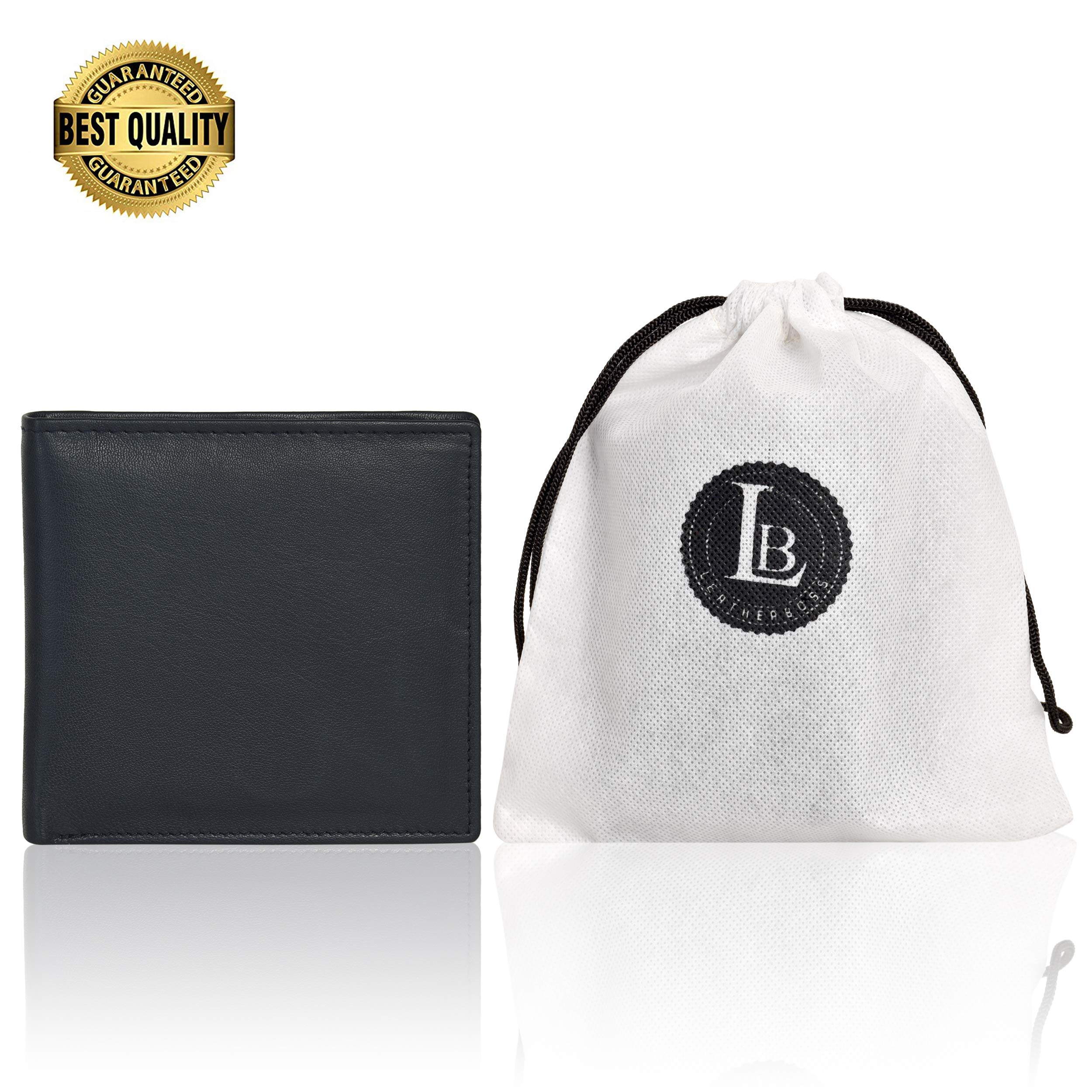 Leatherboss Genuine Leather RFID protected Hipster Wallet with Flap, Black