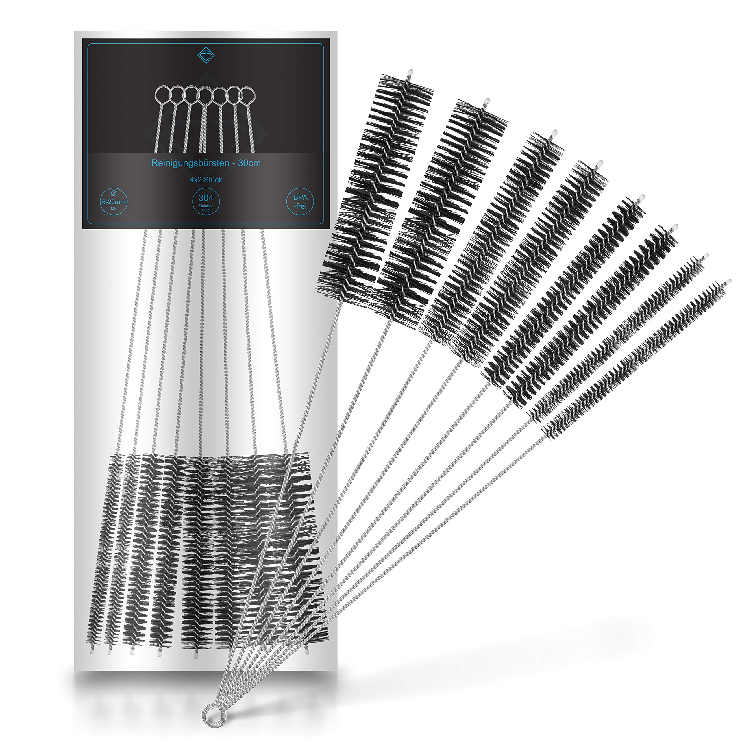 TOOLCORE® Cleaning Brush Set, Diameter 6-20 mm, 8 Pieces - 30 cm, Stainless Steel/Nylon, Straw Brush, Cleaning Brush, Coffee Machine, Milk Hose Brush